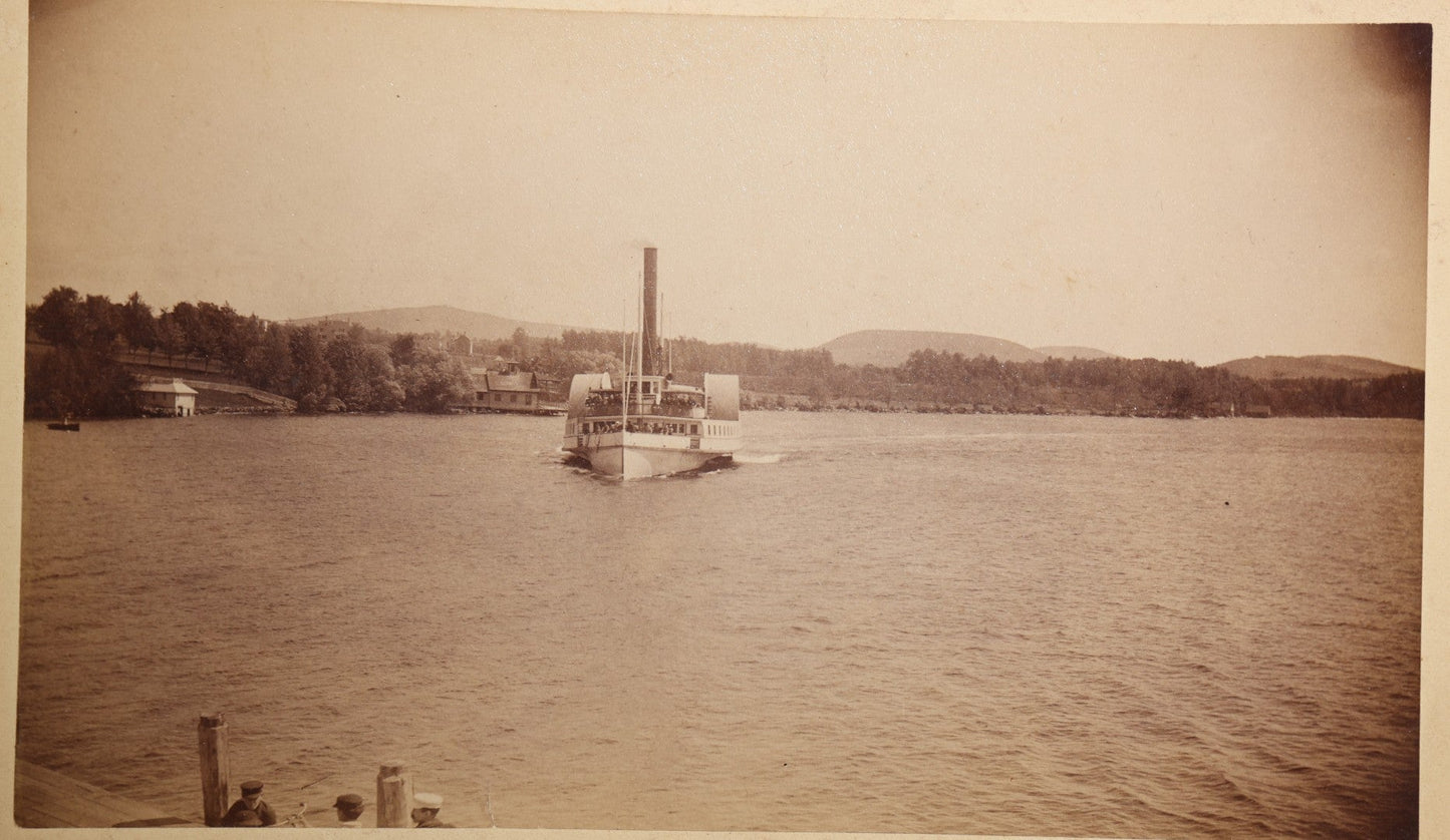 Lot 135 - Antique Board-Mounted Photograph Of The "Lady Of The Lake" Steamboat On Lake Winnipesaukee, New Hampshire, Passengers On Deck, Dock And Mountains In Background