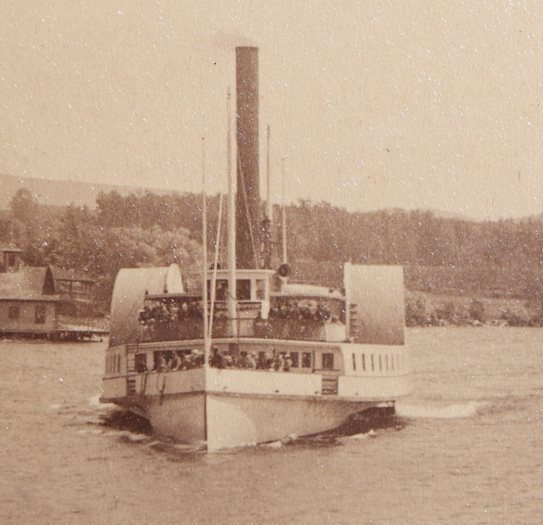Lot 135 - Antique Board-Mounted Photograph Of The "Lady Of The Lake" Steamboat On Lake Winnipesaukee, New Hampshire, Passengers On Deck, Dock And Mountains In Background