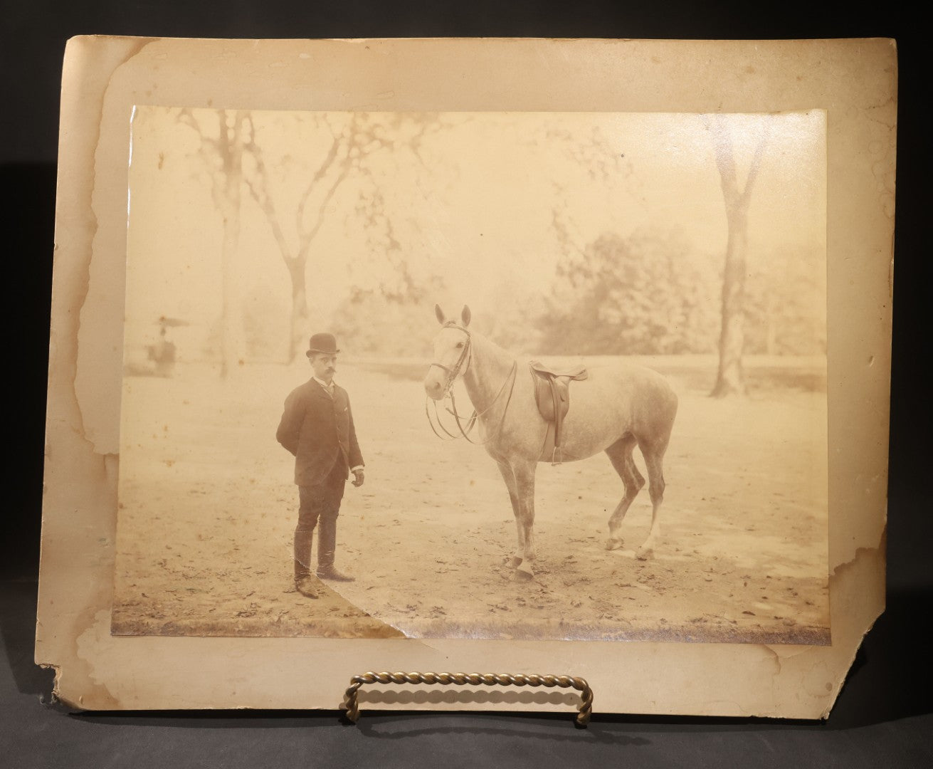Lot 142 - Pair Of Antique Large-Format Board-Mounted Photographs Of "Hook McDonald By Rex McDonald," Saddled Horse Portrait And Man With Horse, East Rock, New Haven, Connecticut, Circa 1911-1912, 19-3/4" x 16-3/4" And 20" x 16"