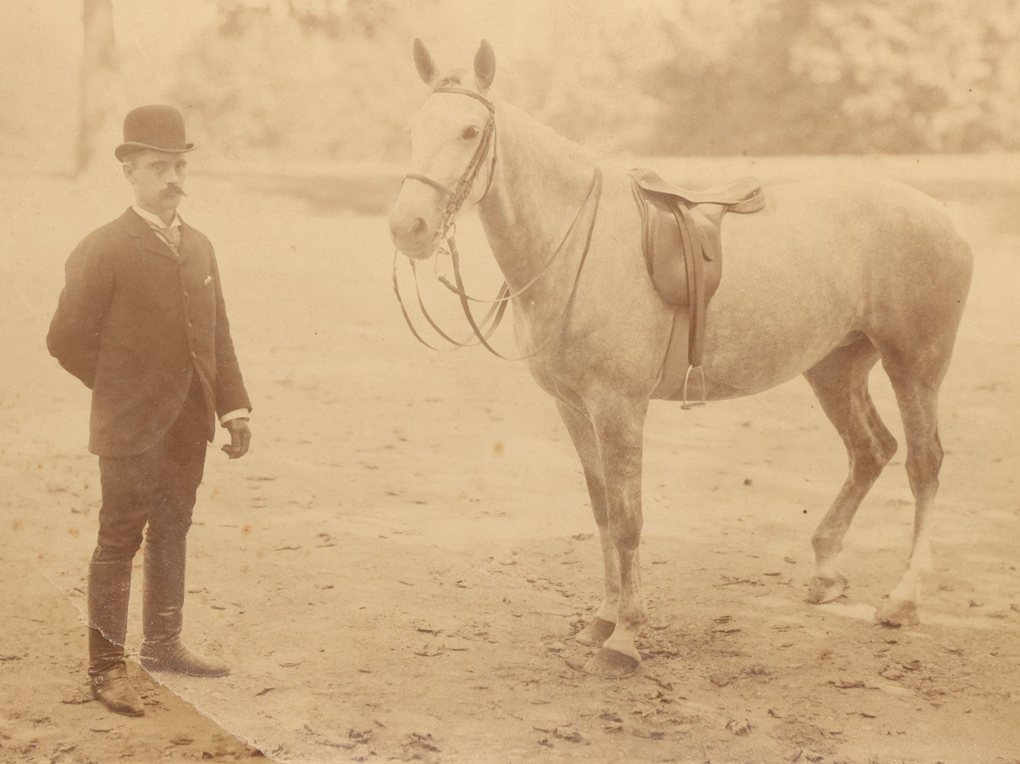 Lot 142 - Pair Of Antique Large-Format Board-Mounted Photographs Of "Hook McDonald By Rex McDonald," Saddled Horse Portrait And Man With Horse, East Rock, New Haven, Connecticut, Circa 1911-1912, 19-3/4" x 16-3/4" And 20" x 16"