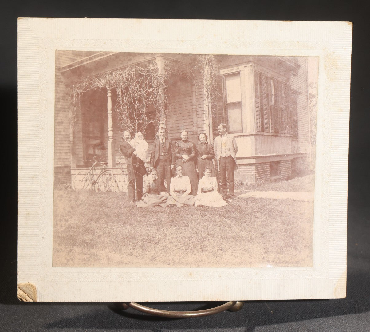 Lot 144 - Grouping Of Seven Antique Board-Mounted Photographs Of Outdoor Group Gatherings, Including Large Hillside Assembly, Men's Outing With Bottles And Basket, And Men In Aprons