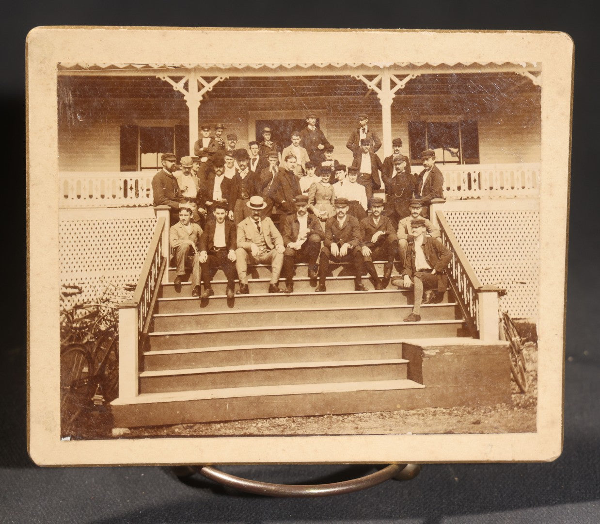 Lot 144 - Grouping Of Seven Antique Board-Mounted Photographs Of Outdoor Group Gatherings, Including Large Hillside Assembly, Men's Outing With Bottles And Basket, And Men In Aprons