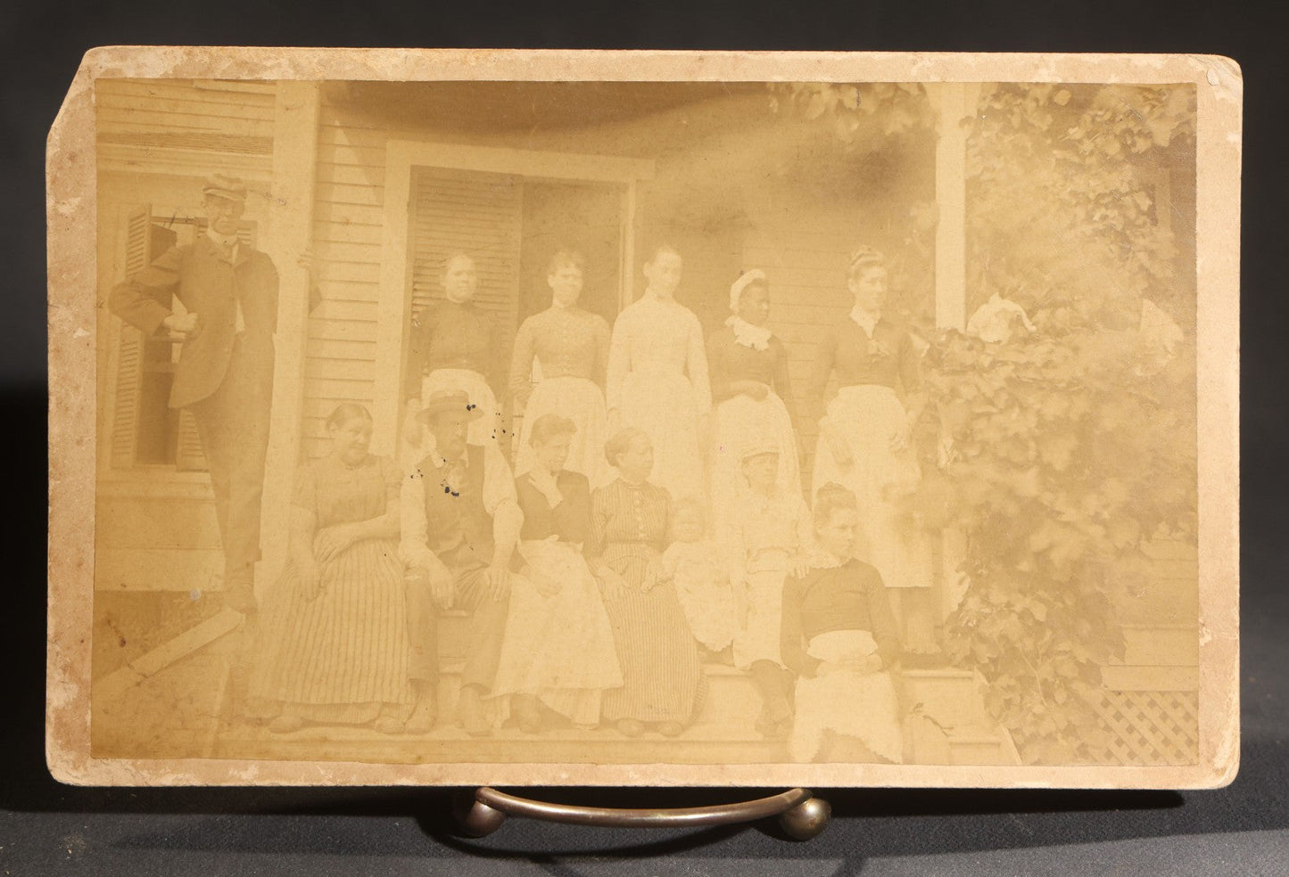 Lot 145 - Grouping Of Six Antique Board-Mounted Photographs Of Large Outdoor Group Gatherings, Including Ox Cart Scene With African American Woman, Porch Group With African American Domestic Staff, And Multi-Generational Assembly Before Farmstead