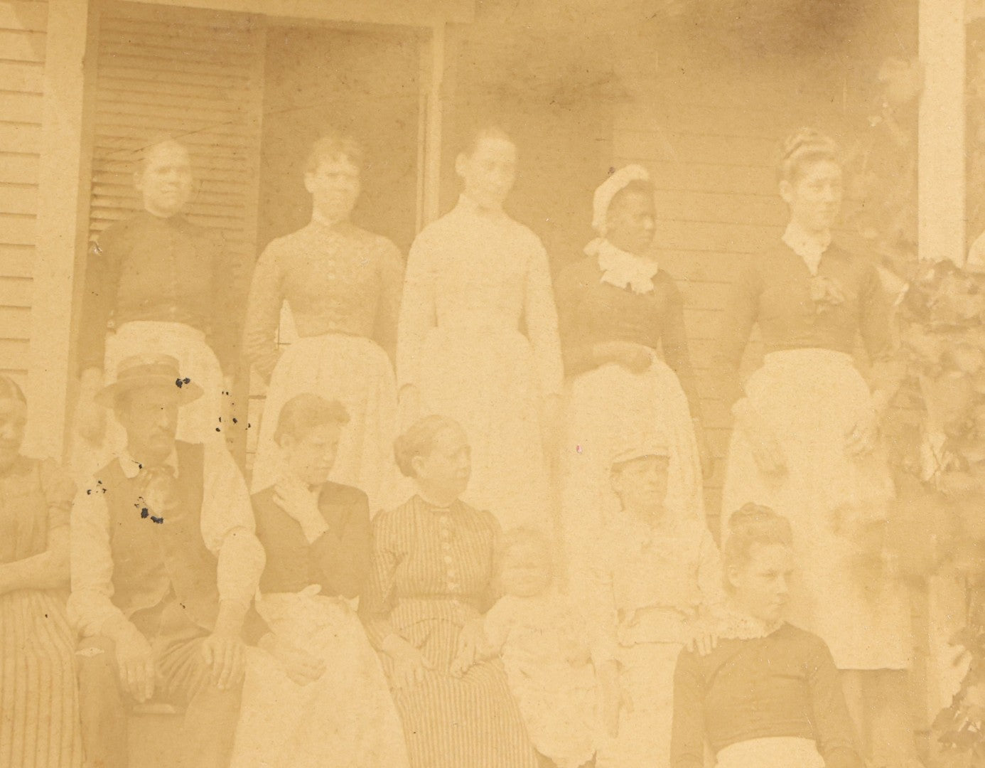 Lot 145 - Grouping Of Six Antique Board-Mounted Photographs Of Large Outdoor Group Gatherings, Including Ox Cart Scene With African American Woman, Porch Group With African American Domestic Staff, And Multi-Generational Assembly Before Farmstead