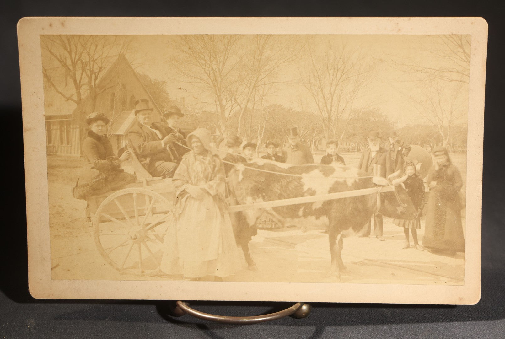 Lot 145 - Grouping Of Six Antique Board-Mounted Photographs Of Large Outdoor Group Gatherings, Including Ox Cart Scene With African American Woman, Porch Group With African American Domestic Staff, And Multi-Generational Assembly Before Farmstead