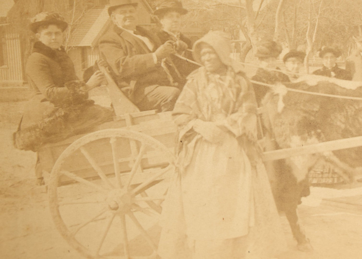 Lot 145 - Grouping Of Six Antique Board-Mounted Photographs Of Large Outdoor Group Gatherings, Including Ox Cart Scene With African American Woman, Porch Group With African American Domestic Staff, And Multi-Generational Assembly Before Farmstead