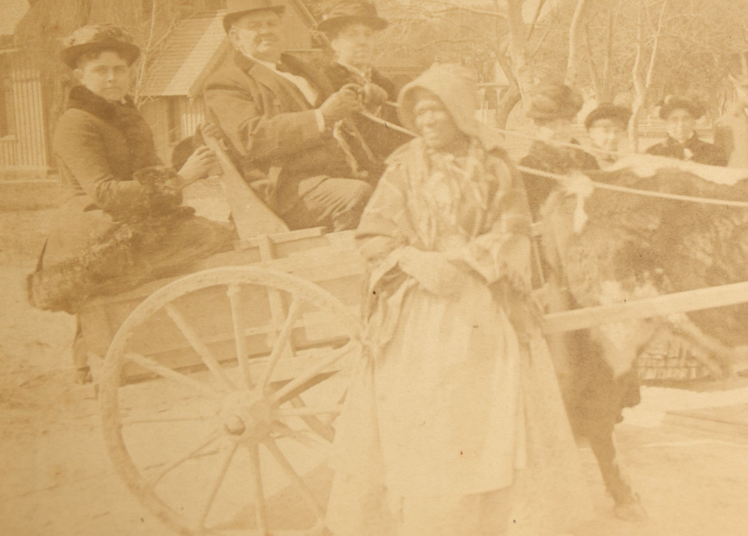 Lot 145 - Grouping Of Six Antique Board-Mounted Photographs Of Large Outdoor Group Gatherings, Including Ox Cart Scene With African American Woman, Porch Group With African American Domestic Staff, And Multi-Generational Assembly Before Farmstead