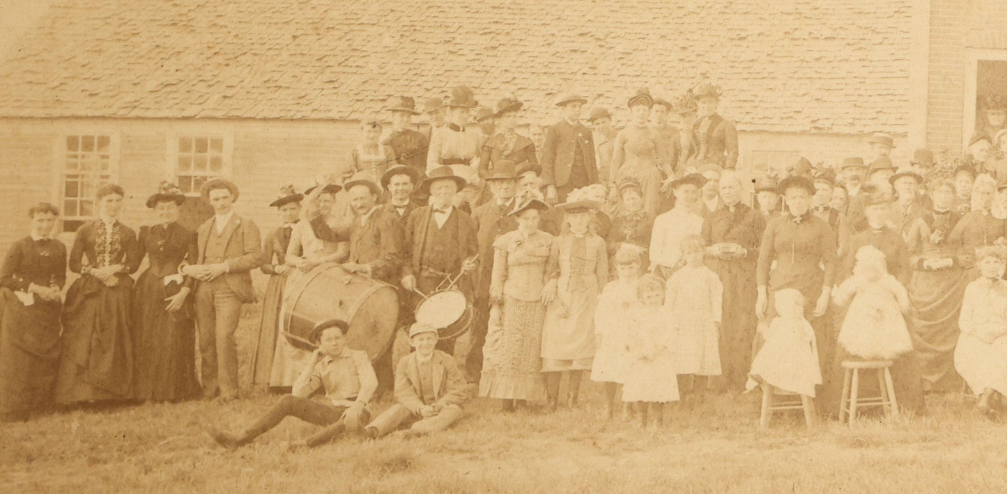 Lot 145 - Grouping Of Six Antique Board-Mounted Photographs Of Large Outdoor Group Gatherings, Including Ox Cart Scene With African American Woman, Porch Group With African American Domestic Staff, And Multi-Generational Assembly Before Farmstead