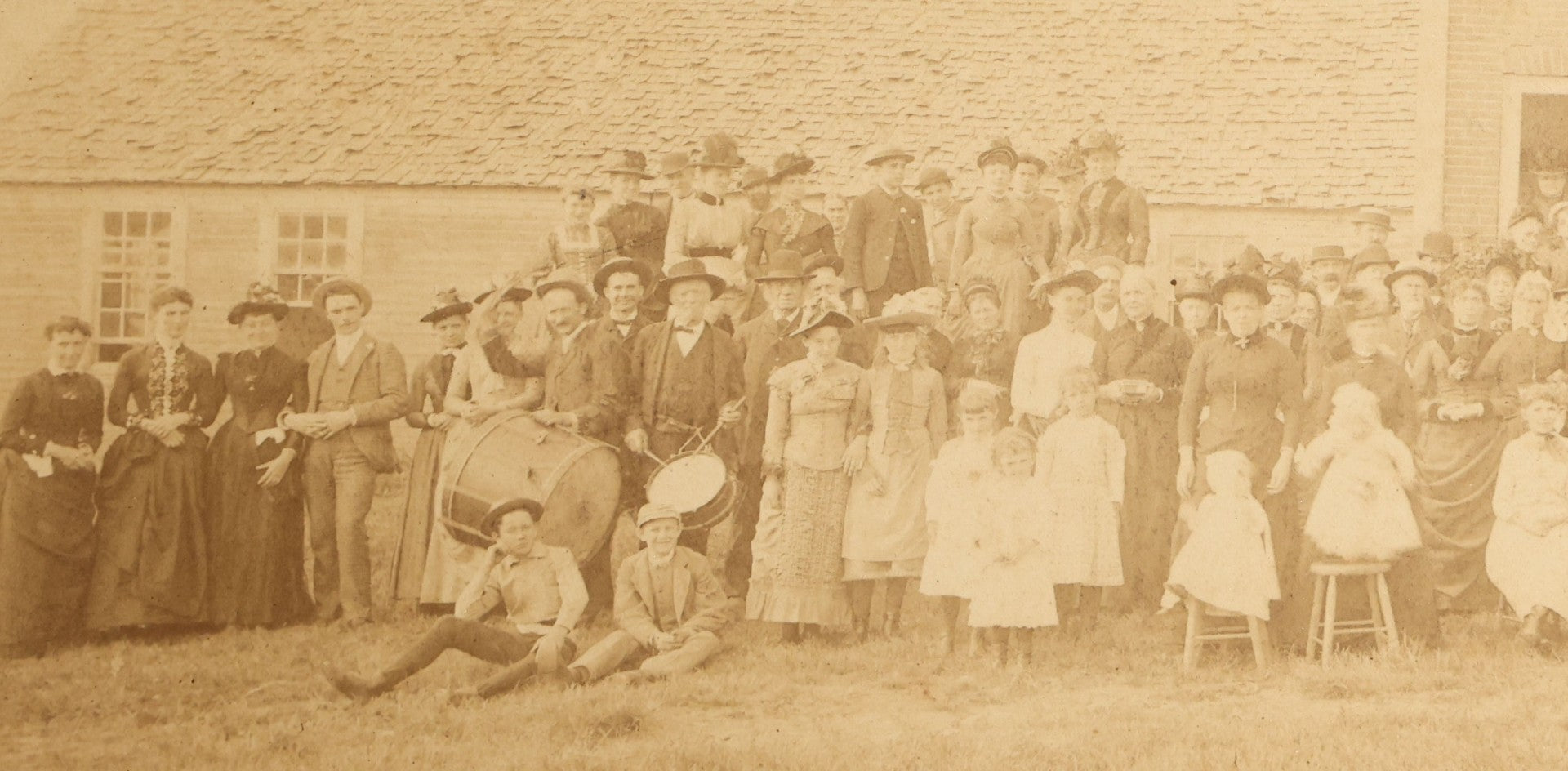 Lot 145 - Grouping Of Six Antique Board-Mounted Photographs Of Large Outdoor Group Gatherings, Including Ox Cart Scene With African American Woman, Porch Group With African American Domestic Staff, And Multi-Generational Assembly Before Farmstead