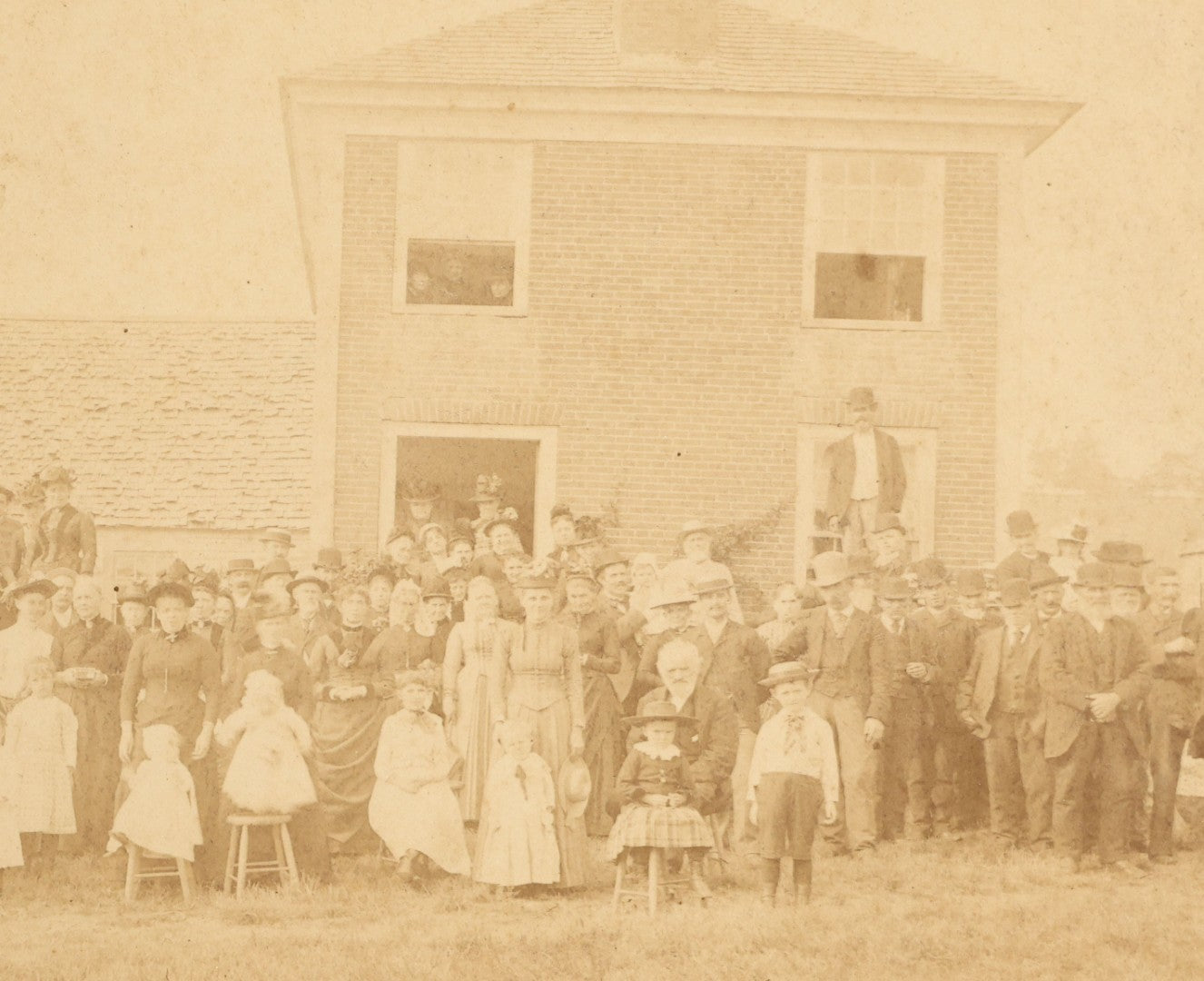 Lot 145 - Grouping Of Six Antique Board-Mounted Photographs Of Large Outdoor Group Gatherings, Including Ox Cart Scene With African American Woman, Porch Group With African American Domestic Staff, And Multi-Generational Assembly Before Farmstead