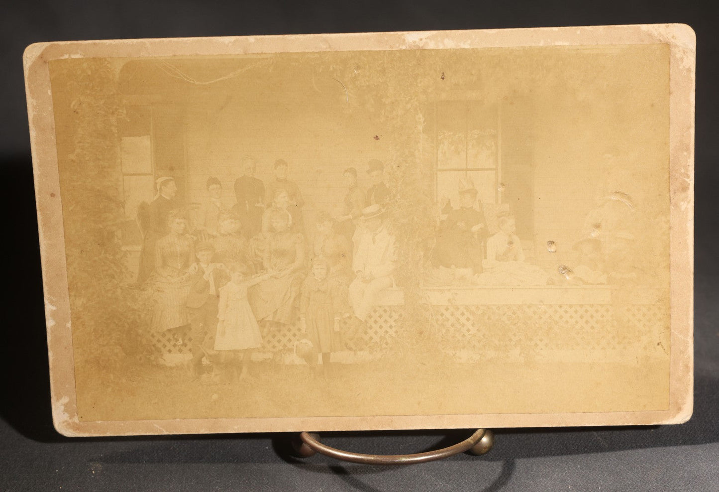 Lot 145 - Grouping Of Six Antique Board-Mounted Photographs Of Large Outdoor Group Gatherings, Including Ox Cart Scene With African American Woman, Porch Group With African American Domestic Staff, And Multi-Generational Assembly Before Farmstead