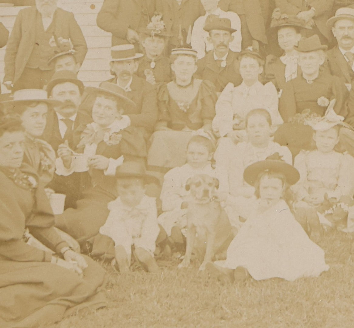 Lot 145 - Grouping Of Six Antique Board-Mounted Photographs Of Large Outdoor Group Gatherings, Including Ox Cart Scene With African American Woman, Porch Group With African American Domestic Staff, And Multi-Generational Assembly Before Farmstead