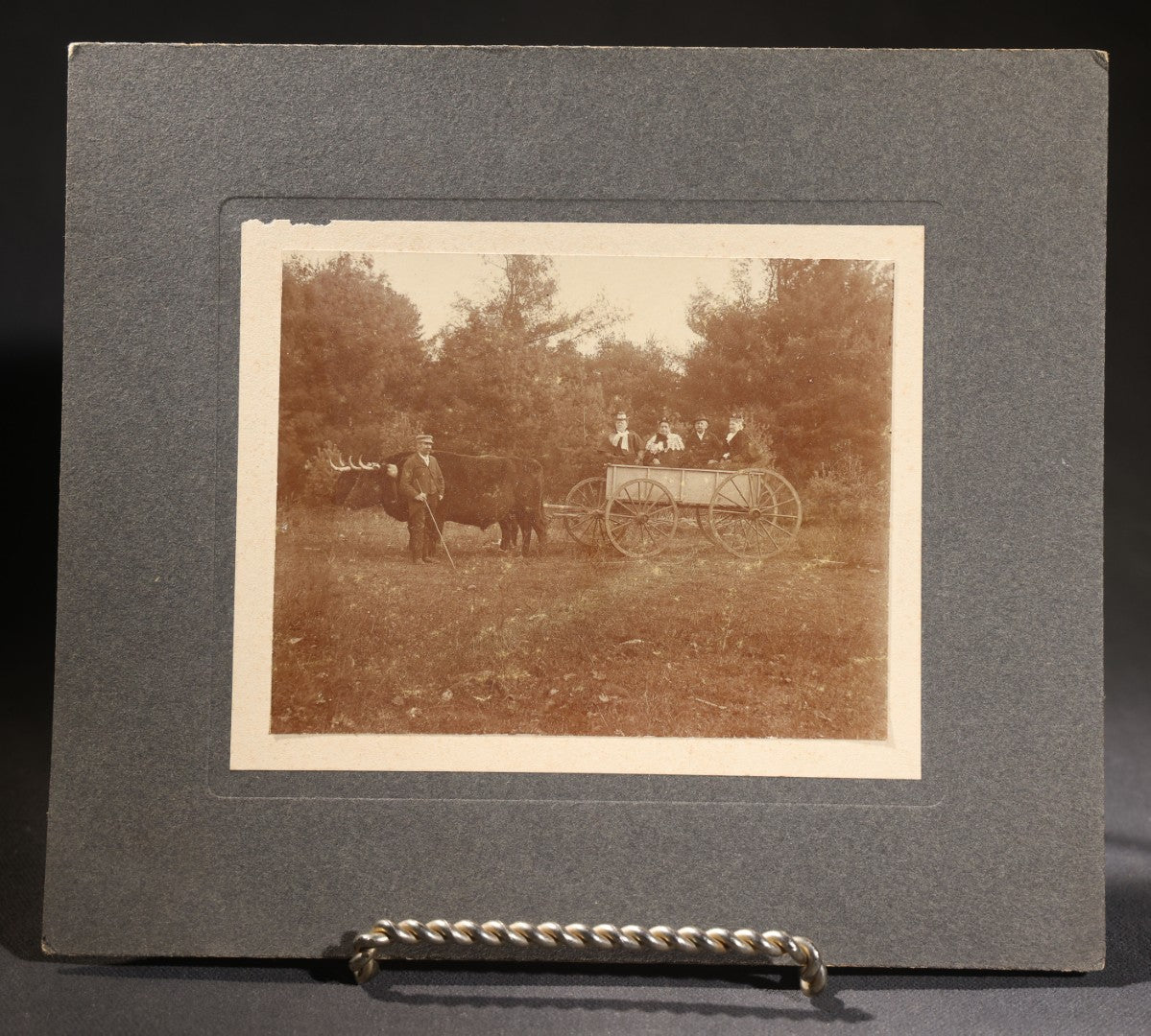Lot 146 - Trio Of Antique Board-Mounted Photographs Of Ox-Drawn Wagons With Passengers In Rural Settings, Pencil Inscriptions On Verso