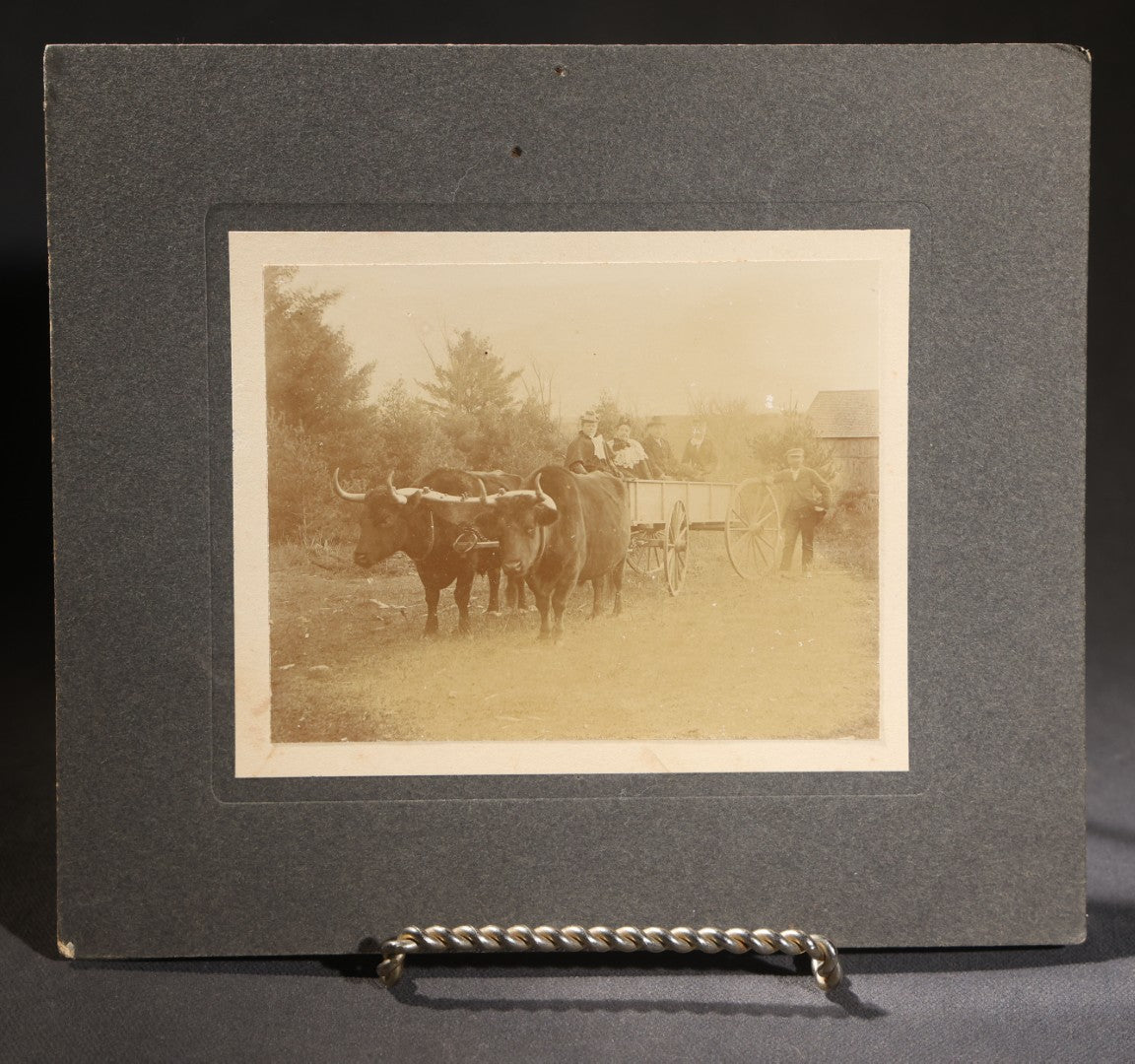 Lot 146 - Trio Of Antique Board-Mounted Photographs Of Ox-Drawn Wagons With Passengers In Rural Settings, Pencil Inscriptions On Verso