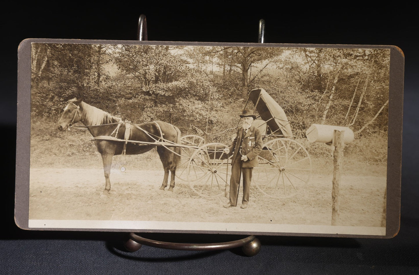 Lot 147 - Pair Of Antique Board-Mounted Panoramic Photographs, New England Pond With Rowboat And Houses, And Bearded Man With Horse And Buggy At Mailbox
