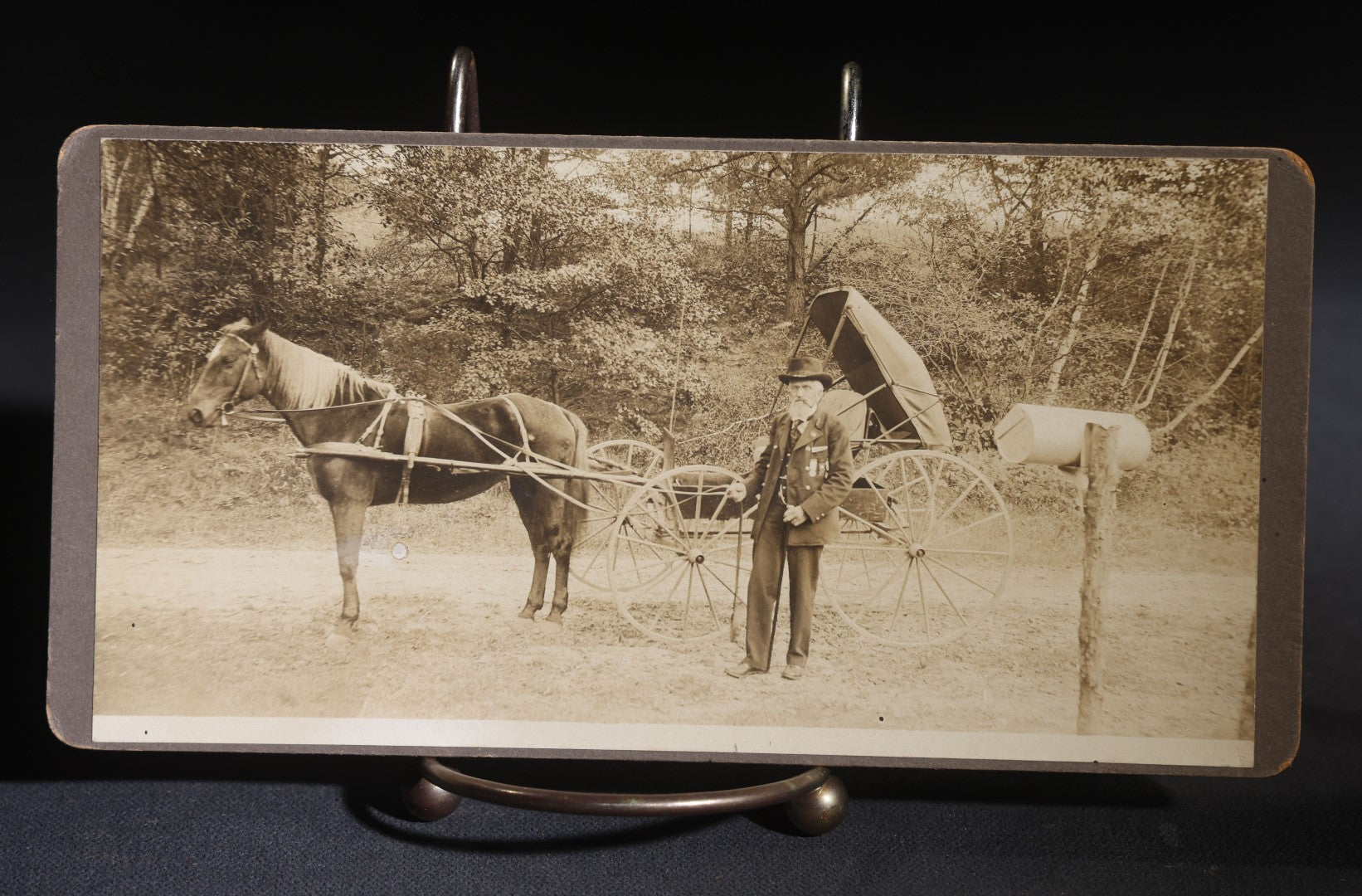 Lot 147 - Pair Of Antique Board-Mounted Panoramic Photographs, New England Pond With Rowboat And Houses, And Bearded Man With Horse And Buggy At Mailbox