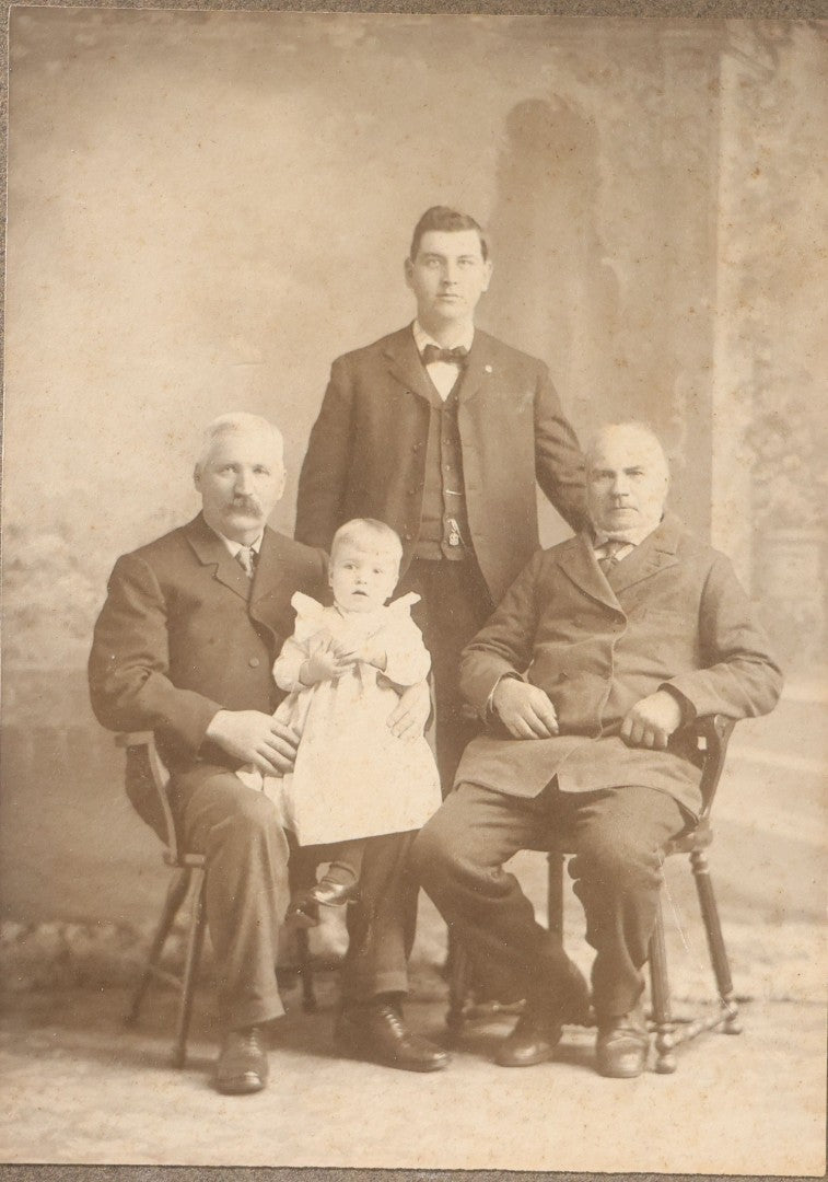 Lot 151 - Trio Of Antique Board-Mounted Group Photographs Including Large Gathering With American And British Flags At Arched Pavilion, Elderly Men In Formal Dress, And Generational Family Studio Portrait