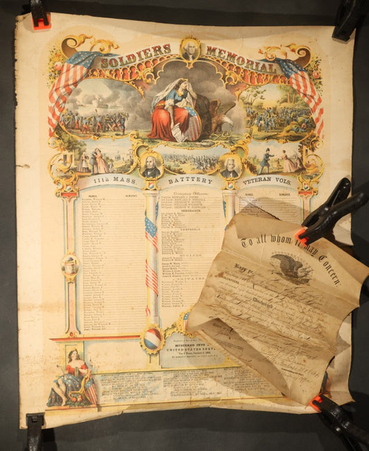 Pair of Antique Civil War Documents, 11th Massachusetts Battery Veteran Volunteers, "Soldiers Memorial" Chromolithograph Roster and Discharge Paper for Warren H. Bright, Captain Edward J. Jones, 1863-1865