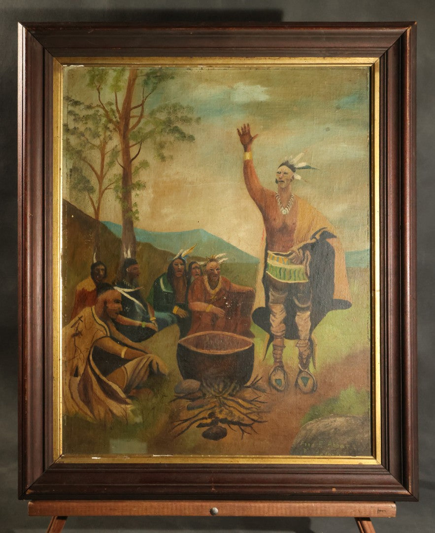 Antique Folk Art Oil Painting on Board, "The Braves in Council Before the Mighty Woksis," Discoverer of Maple Sugar, Painted by Fred F. Abbott, Biddeford, Maine, February 1922