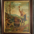 Lot 001 - Antique Folk Art Oil Painting on Board, "The Braves in Council Before the Mighty Woksis," Discoverer of Maple Sugar, Painted by Fred F. Abbott, Biddeford, Maine, February 1922, 20" W x 24" H