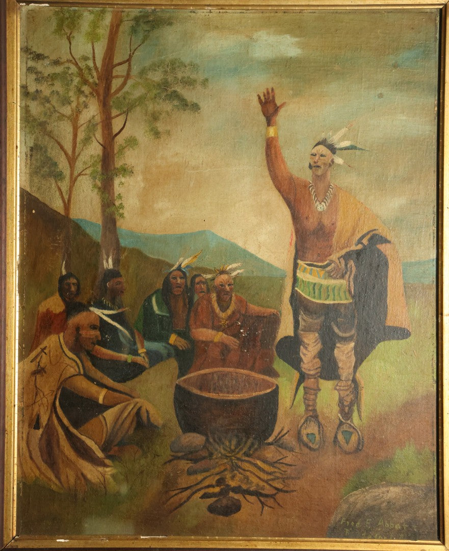 Antique Folk Art Oil Painting on Board, "The Braves in Council Before the Mighty Woksis," Discoverer of Maple Sugar, Painted by Fred F. Abbott, Biddeford, Maine, February 1922