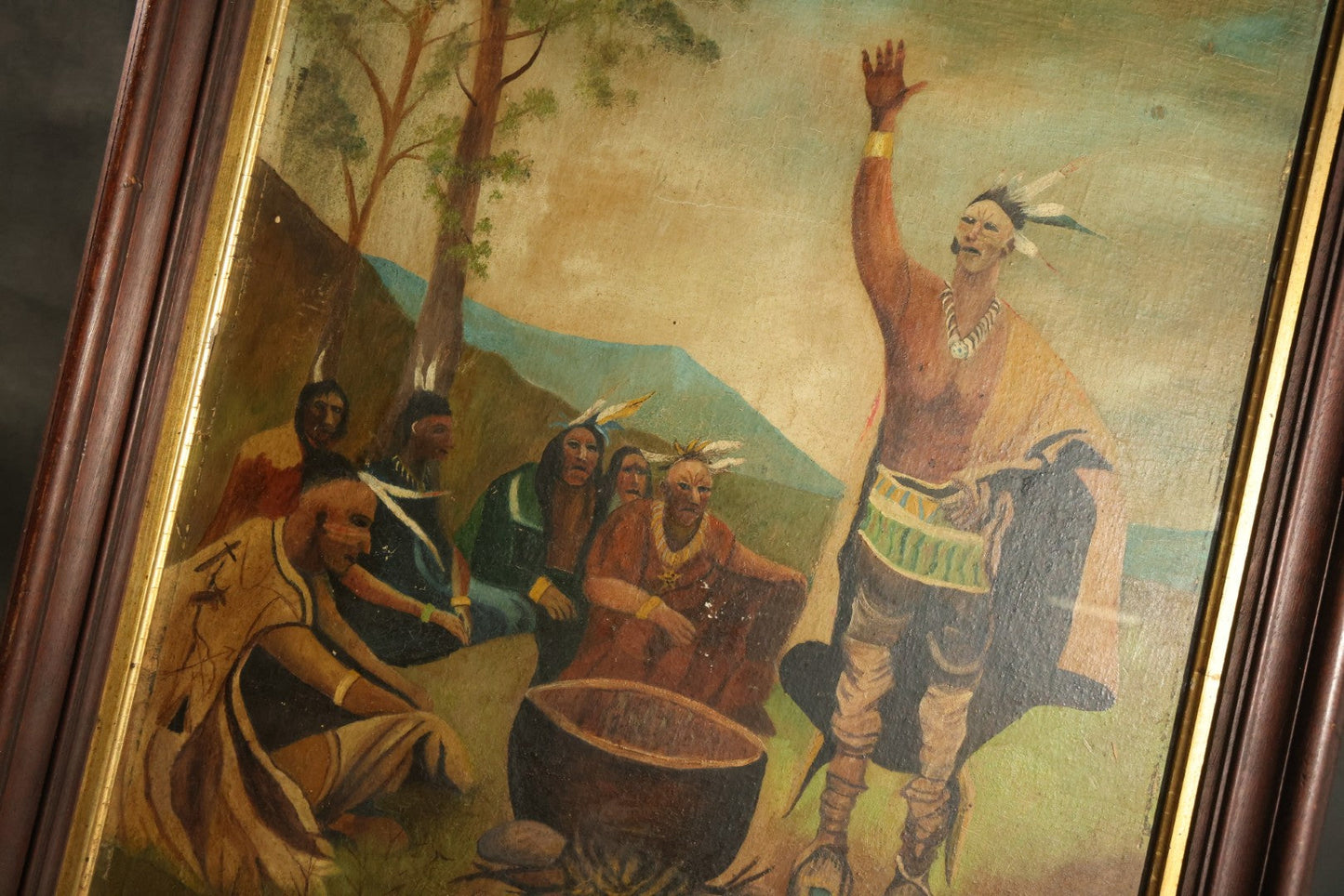 Antique Folk Art Oil Painting on Board, "The Braves in Council Before the Mighty Woksis," Discoverer of Maple Sugar, Painted by Fred F. Abbott, Biddeford, Maine, February 1922