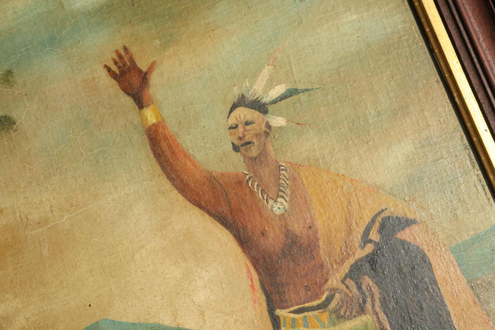 Antique Folk Art Oil Painting on Board, "The Braves in Council Before the Mighty Woksis," Discoverer of Maple Sugar, Painted by Fred F. Abbott, Biddeford, Maine, February 1922