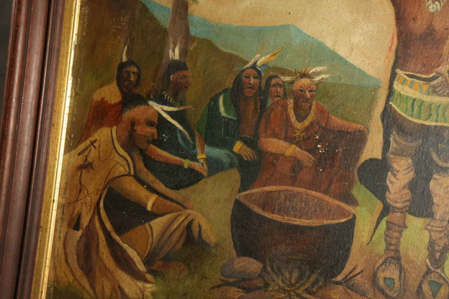 Antique Folk Art Oil Painting on Board, "The Braves in Council Before the Mighty Woksis," Discoverer of Maple Sugar, Painted by Fred F. Abbott, Biddeford, Maine, February 1922