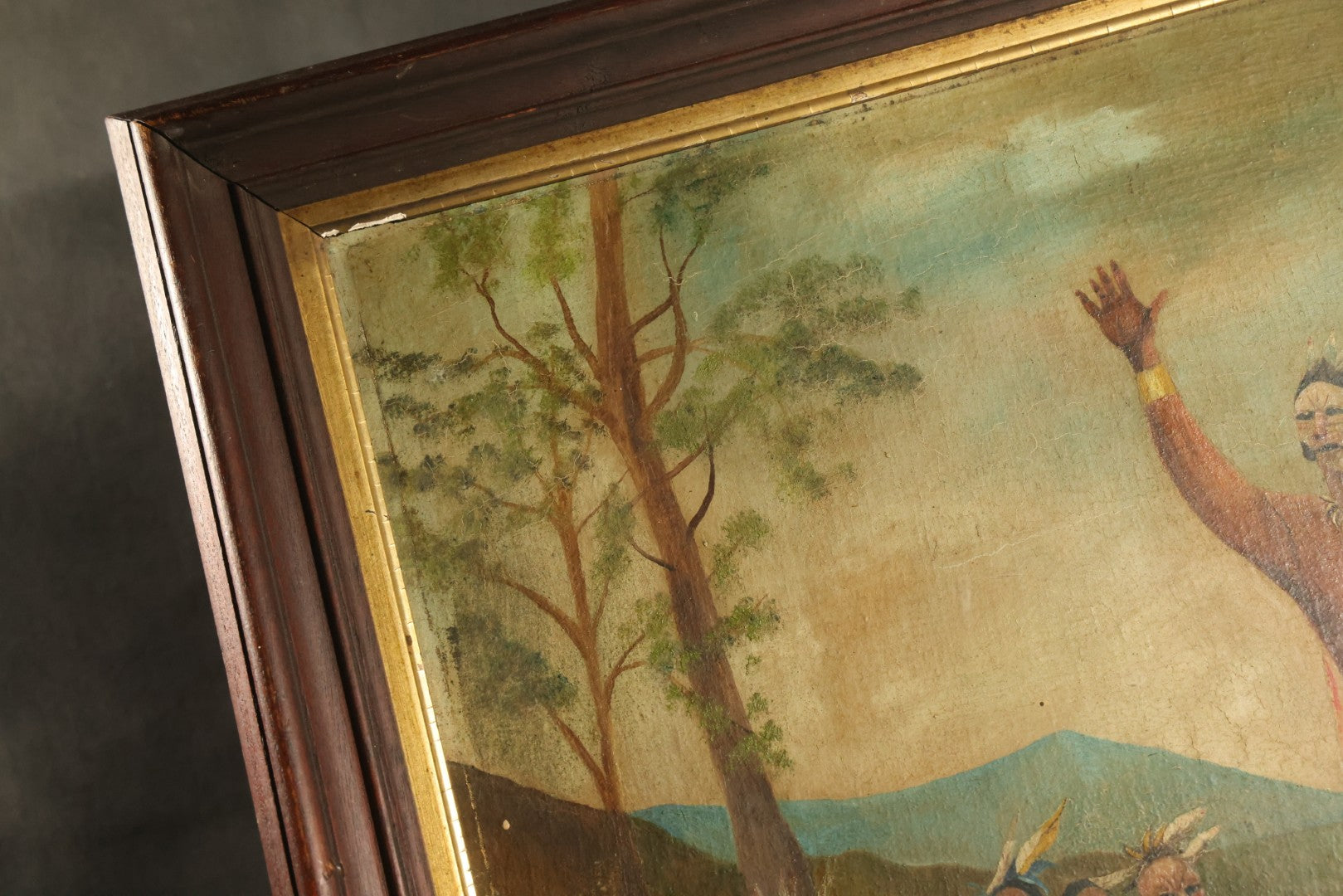 Antique Folk Art Oil Painting on Board, "The Braves in Council Before the Mighty Woksis," Discoverer of Maple Sugar, Painted by Fred F. Abbott, Biddeford, Maine, February 1922