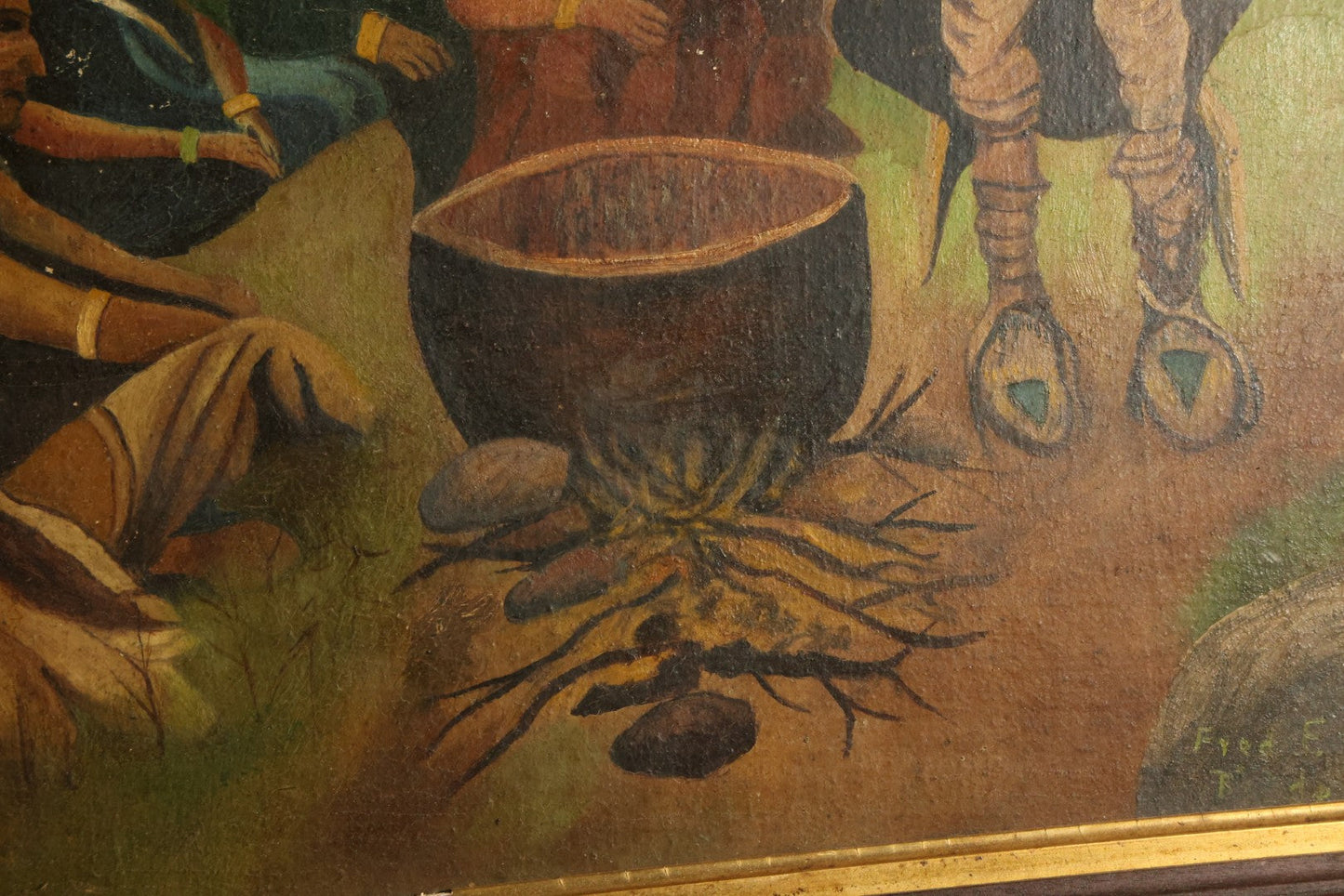 Antique Folk Art Oil Painting on Board, "The Braves in Council Before the Mighty Woksis," Discoverer of Maple Sugar, Painted by Fred F. Abbott, Biddeford, Maine, February 1922