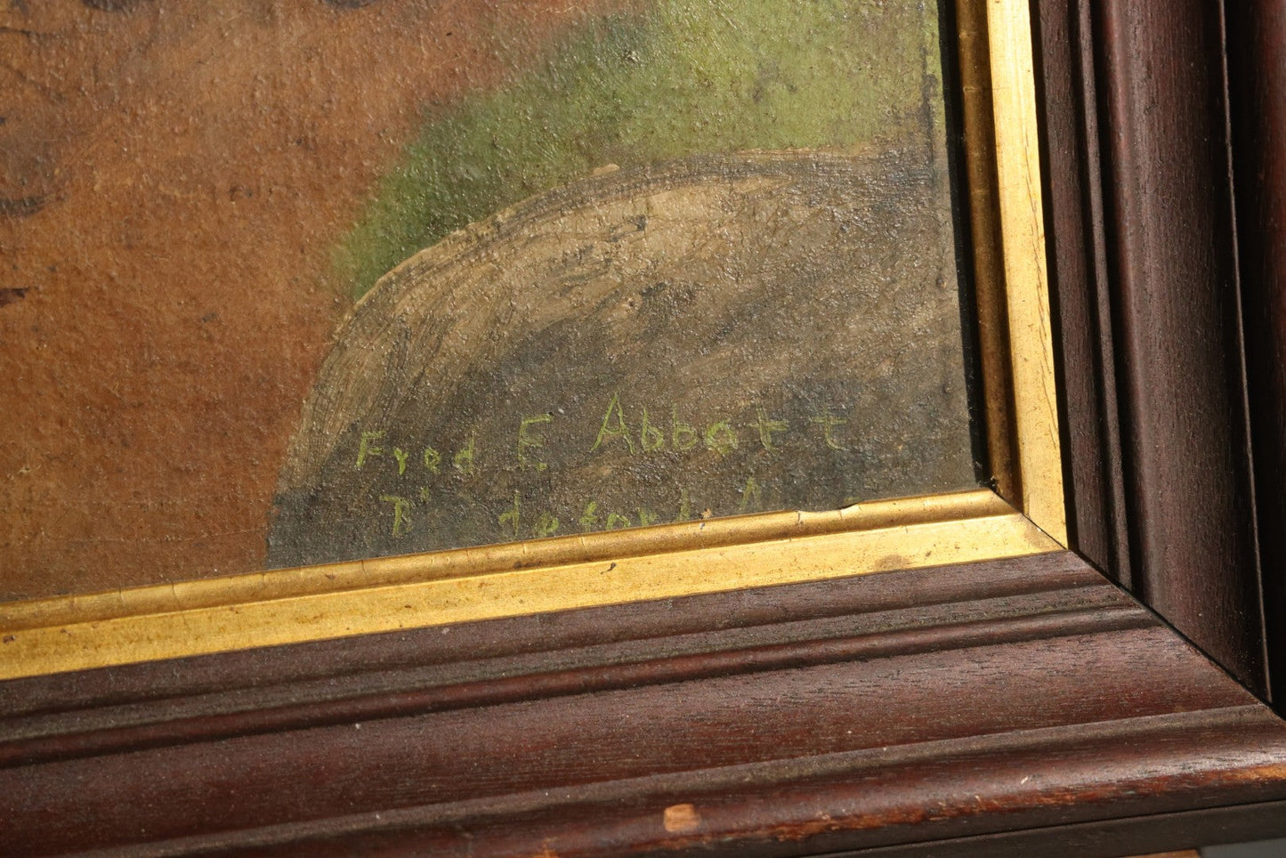 Antique Folk Art Oil Painting on Board, "The Braves in Council Before the Mighty Woksis," Discoverer of Maple Sugar, Painted by Fred F. Abbott, Biddeford, Maine, February 1922