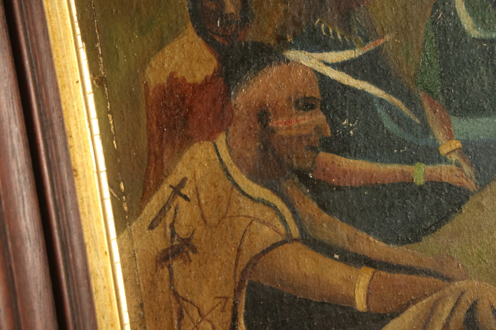 Antique Folk Art Oil Painting on Board, "The Braves in Council Before the Mighty Woksis," Discoverer of Maple Sugar, Painted by Fred F. Abbott, Biddeford, Maine, February 1922