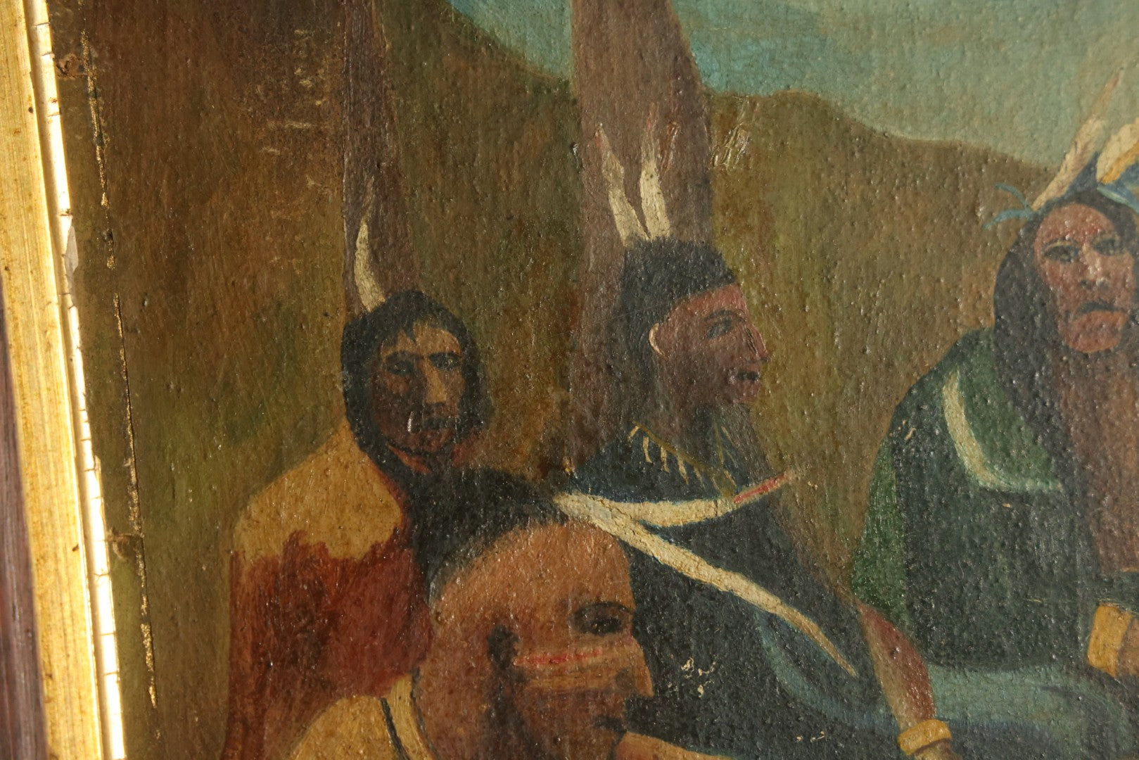 Antique Folk Art Oil Painting on Board, "The Braves in Council Before the Mighty Woksis," Discoverer of Maple Sugar, Painted by Fred F. Abbott, Biddeford, Maine, February 1922