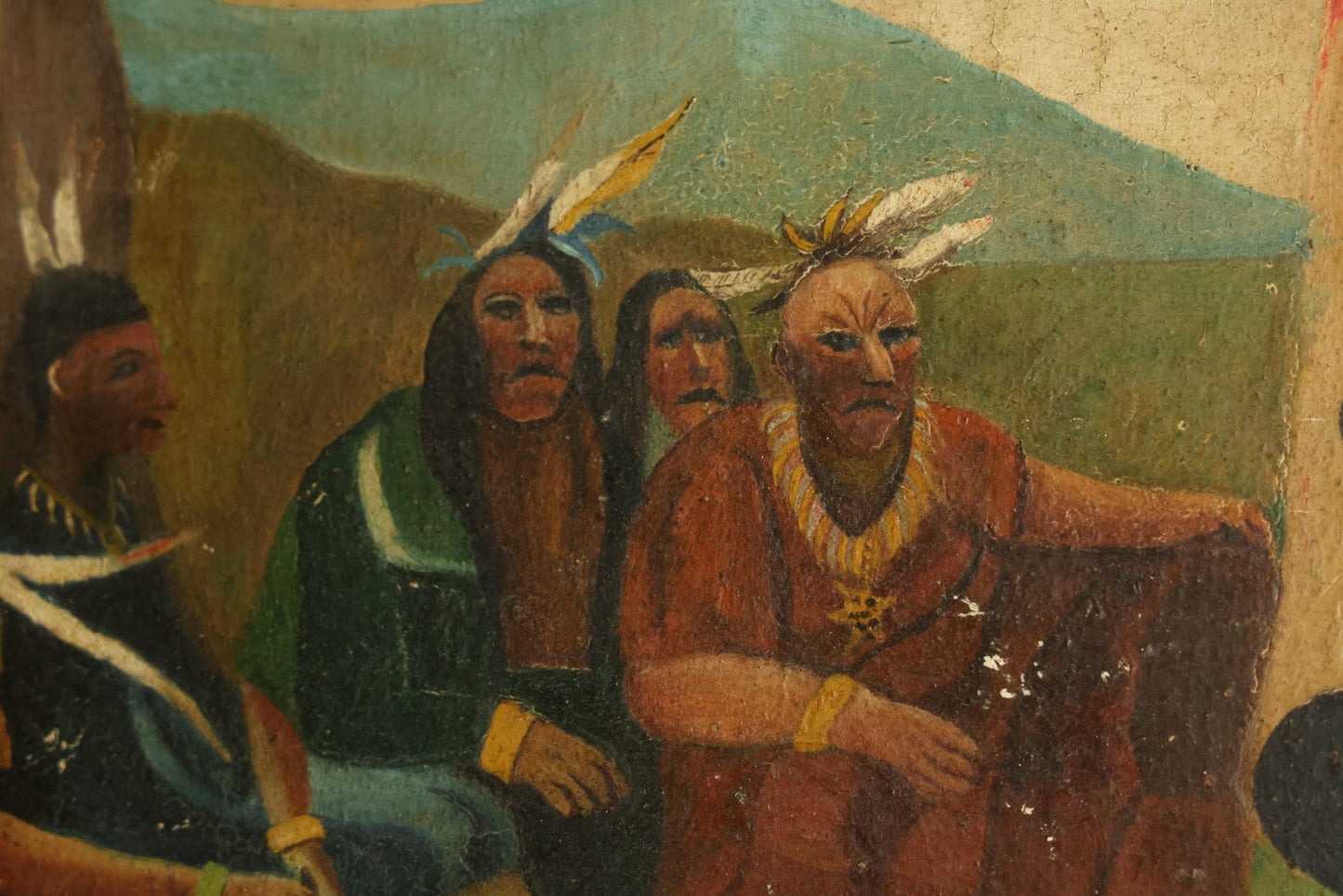 Antique Folk Art Oil Painting on Board, "The Braves in Council Before the Mighty Woksis," Discoverer of Maple Sugar, Painted by Fred F. Abbott, Biddeford, Maine, February 1922