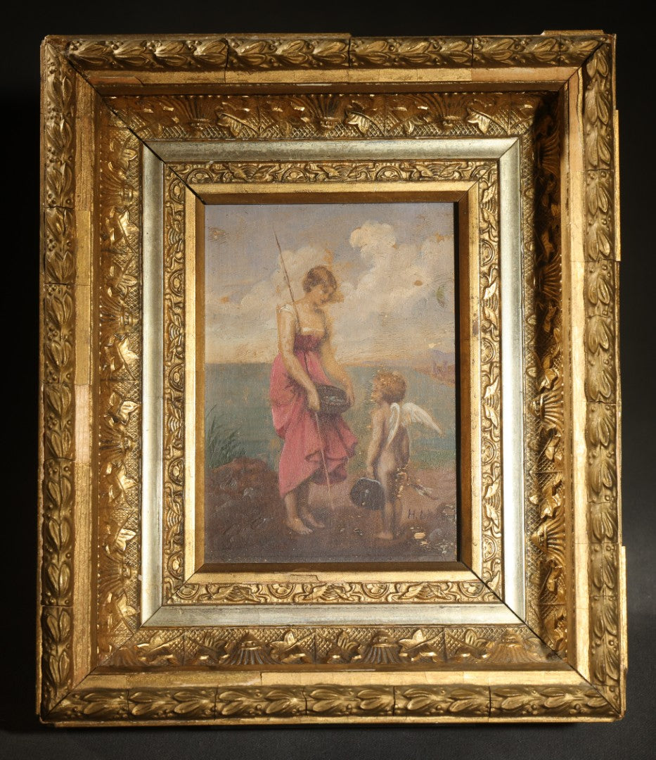 Antique Oil Painting on Wood Panel, "Cupid's Vacation" / "Amor Auf Reisen" ("Amor on His Travels"), Illegibly Signed, no. 106, in Gilt Gesso Frame
