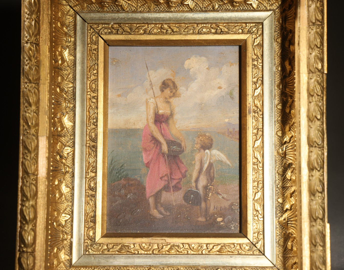 Antique Oil Painting on Wood Panel, "Cupid's Vacation" / "Amor Auf Reisen" ("Amor on His Travels"), Illegibly Signed, no. 106, in Gilt Gesso Frame