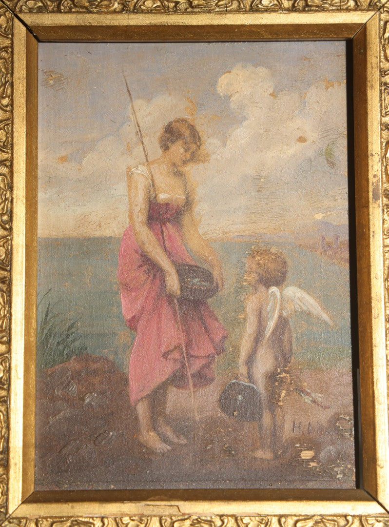 Antique Oil Painting on Wood Panel, "Cupid's Vacation" / "Amor Auf Reisen" ("Amor on His Travels"), Illegibly Signed, no. 106, in Gilt Gesso Frame