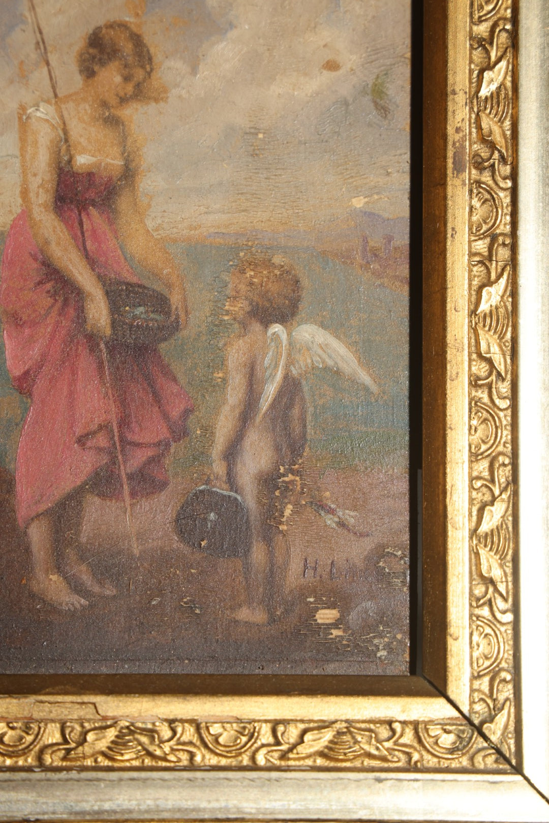 Antique Oil Painting on Wood Panel, "Cupid's Vacation" / "Amor Auf Reisen" ("Amor on His Travels"), Illegibly Signed, no. 106, in Gilt Gesso Frame