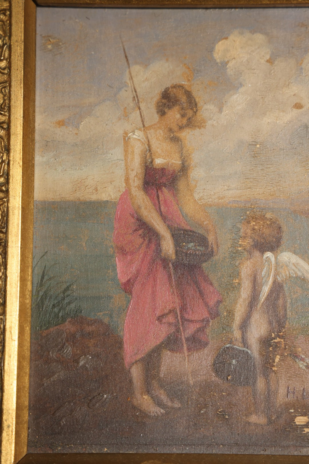 Antique Oil Painting on Wood Panel, "Cupid's Vacation" / "Amor Auf Reisen" ("Amor on His Travels"), Illegibly Signed, no. 106, in Gilt Gesso Frame
