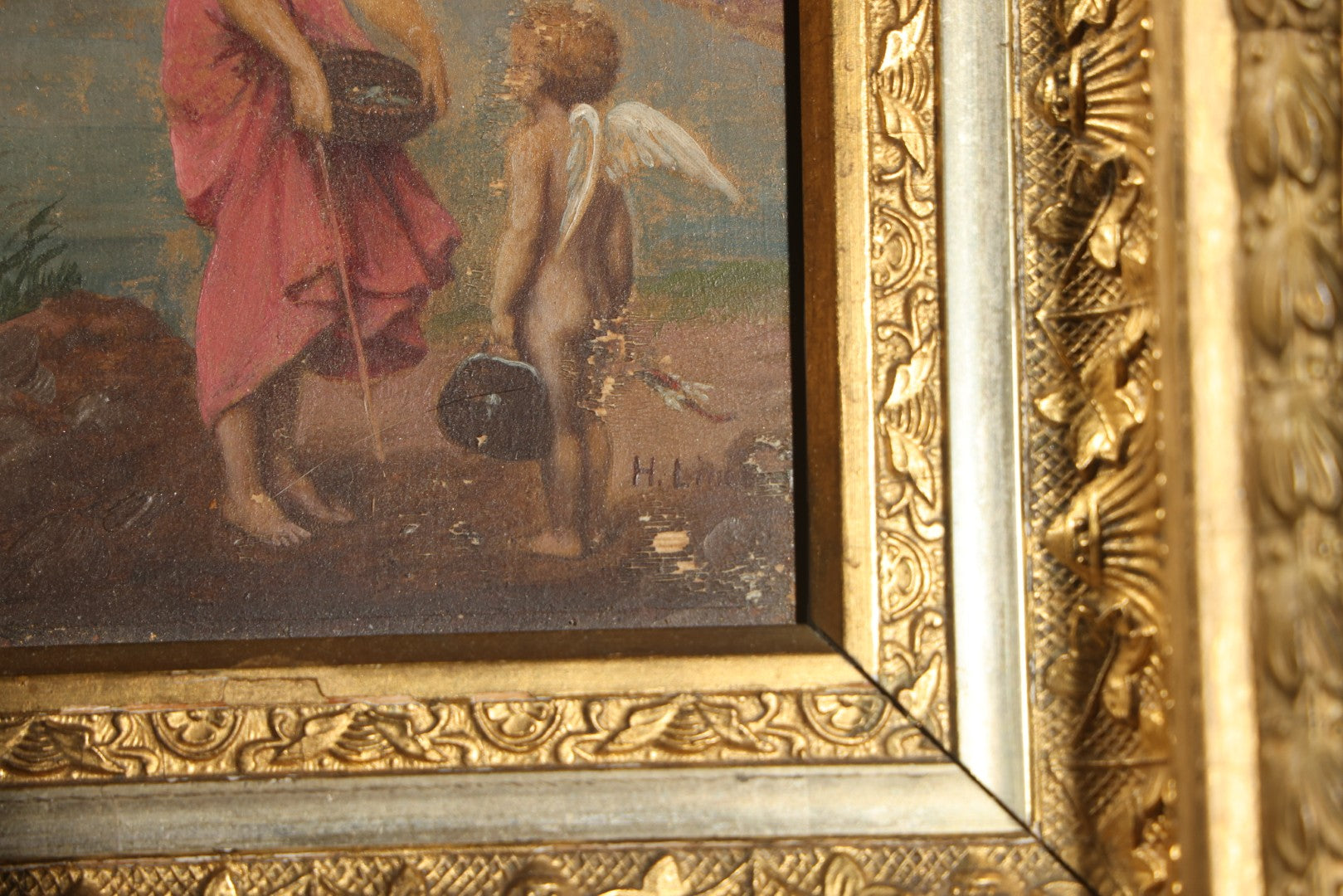 Antique Oil Painting on Wood Panel, "Cupid's Vacation" / "Amor Auf Reisen" ("Amor on His Travels"), Illegibly Signed, no. 106, in Gilt Gesso Frame