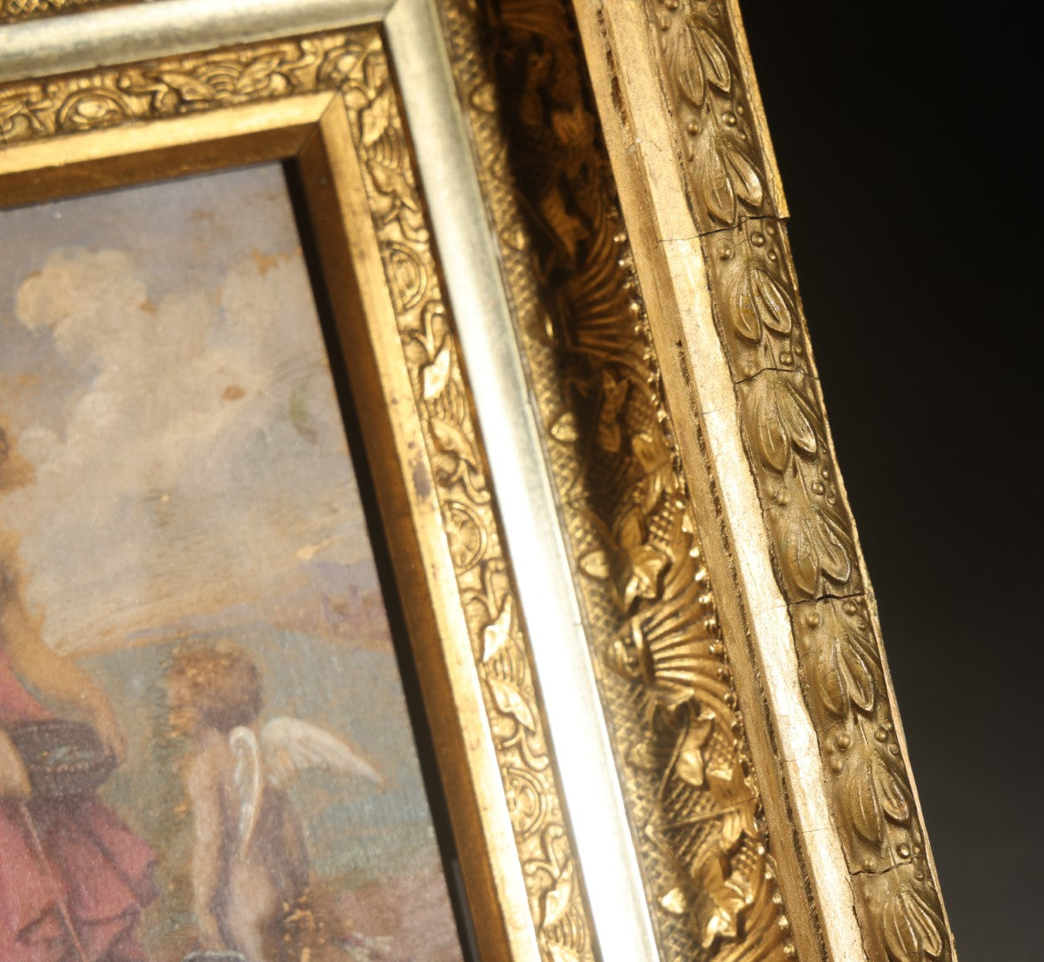 Antique Oil Painting on Wood Panel, "Cupid's Vacation" / "Amor Auf Reisen" ("Amor on His Travels"), Illegibly Signed, no. 106, in Gilt Gesso Frame
