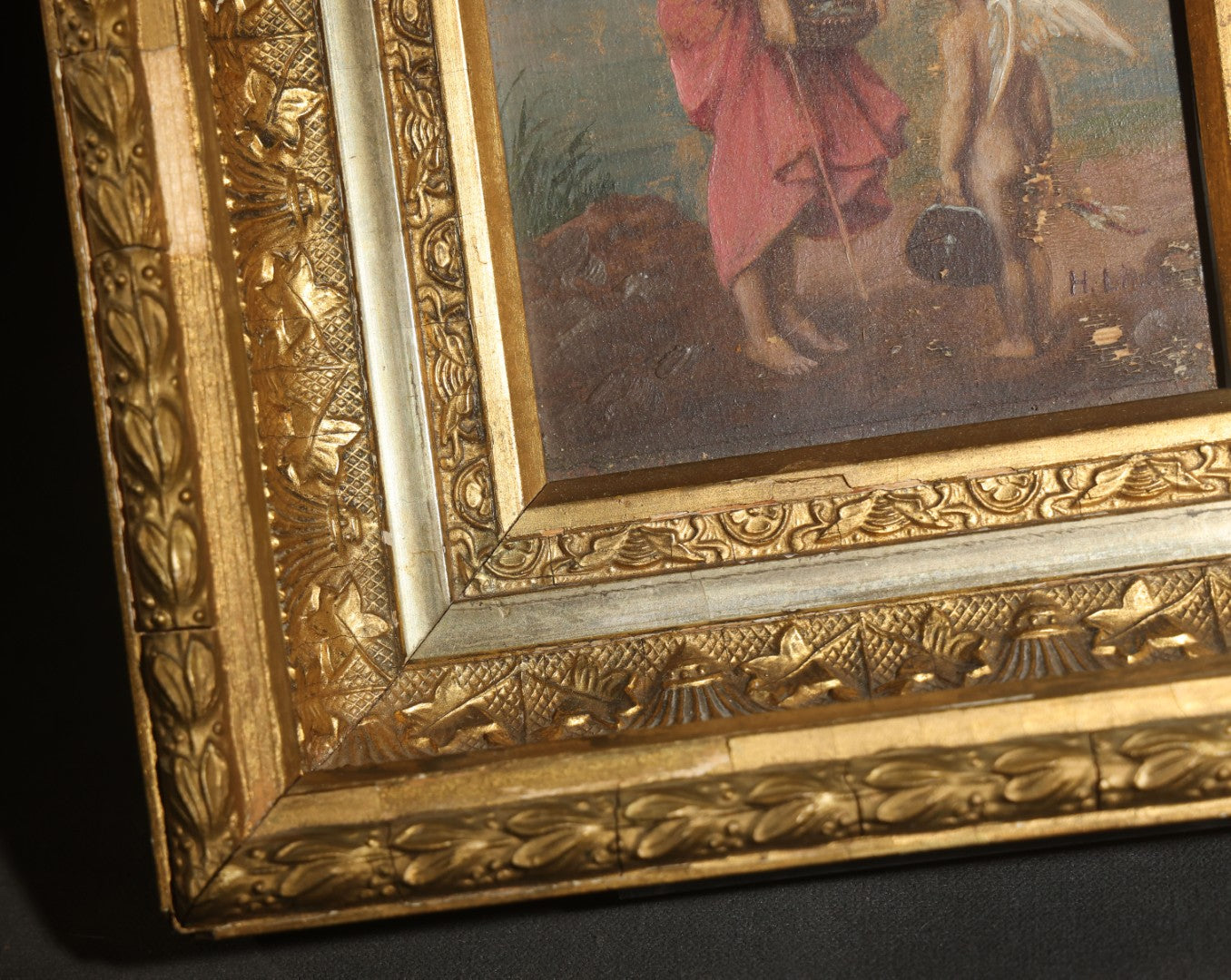 Antique Oil Painting on Wood Panel, "Cupid's Vacation" / "Amor Auf Reisen" ("Amor on His Travels"), Illegibly Signed, no. 106, in Gilt Gesso Frame