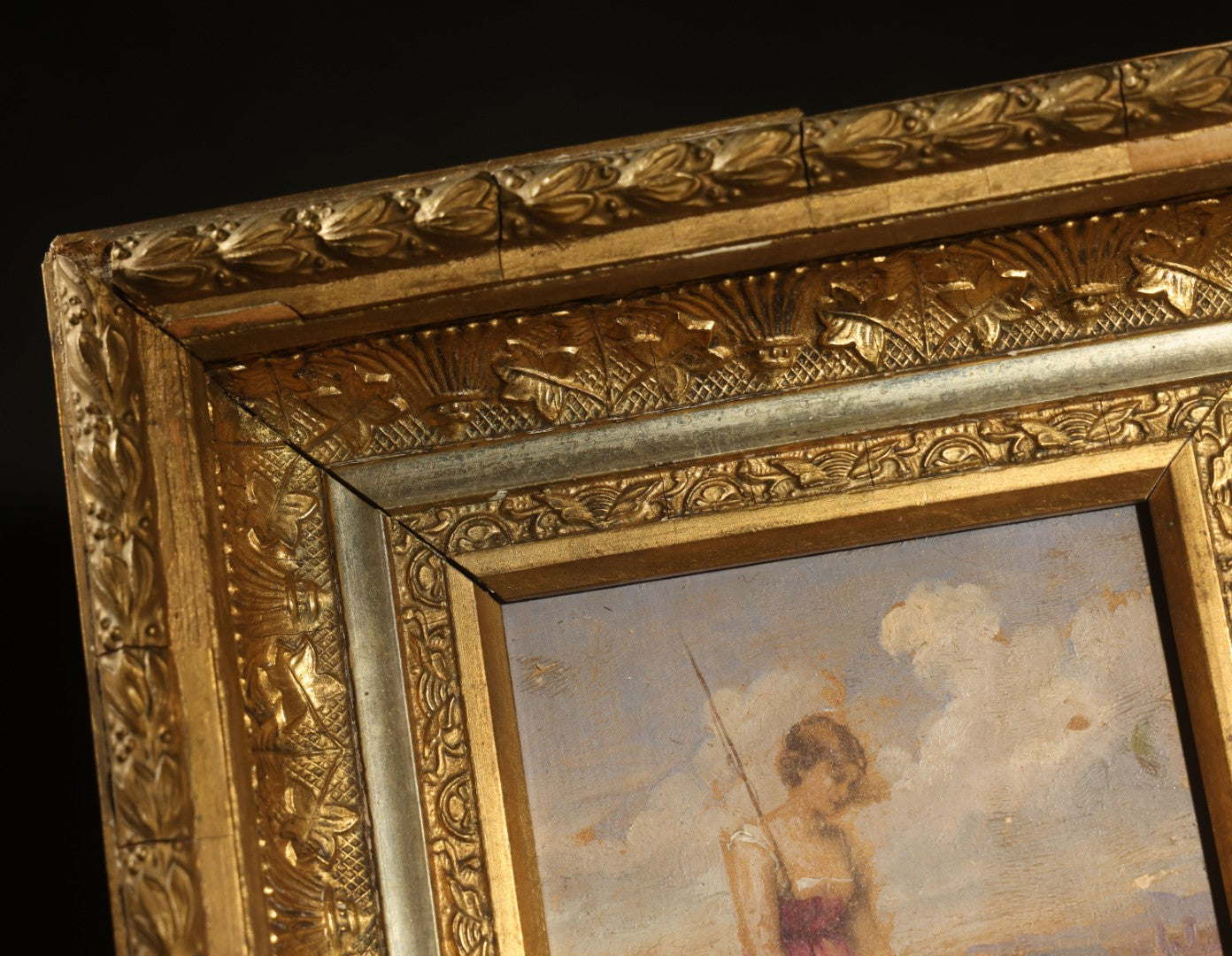 Antique Oil Painting on Wood Panel, "Cupid's Vacation" / "Amor Auf Reisen" ("Amor on His Travels"), Illegibly Signed, no. 106, in Gilt Gesso Frame