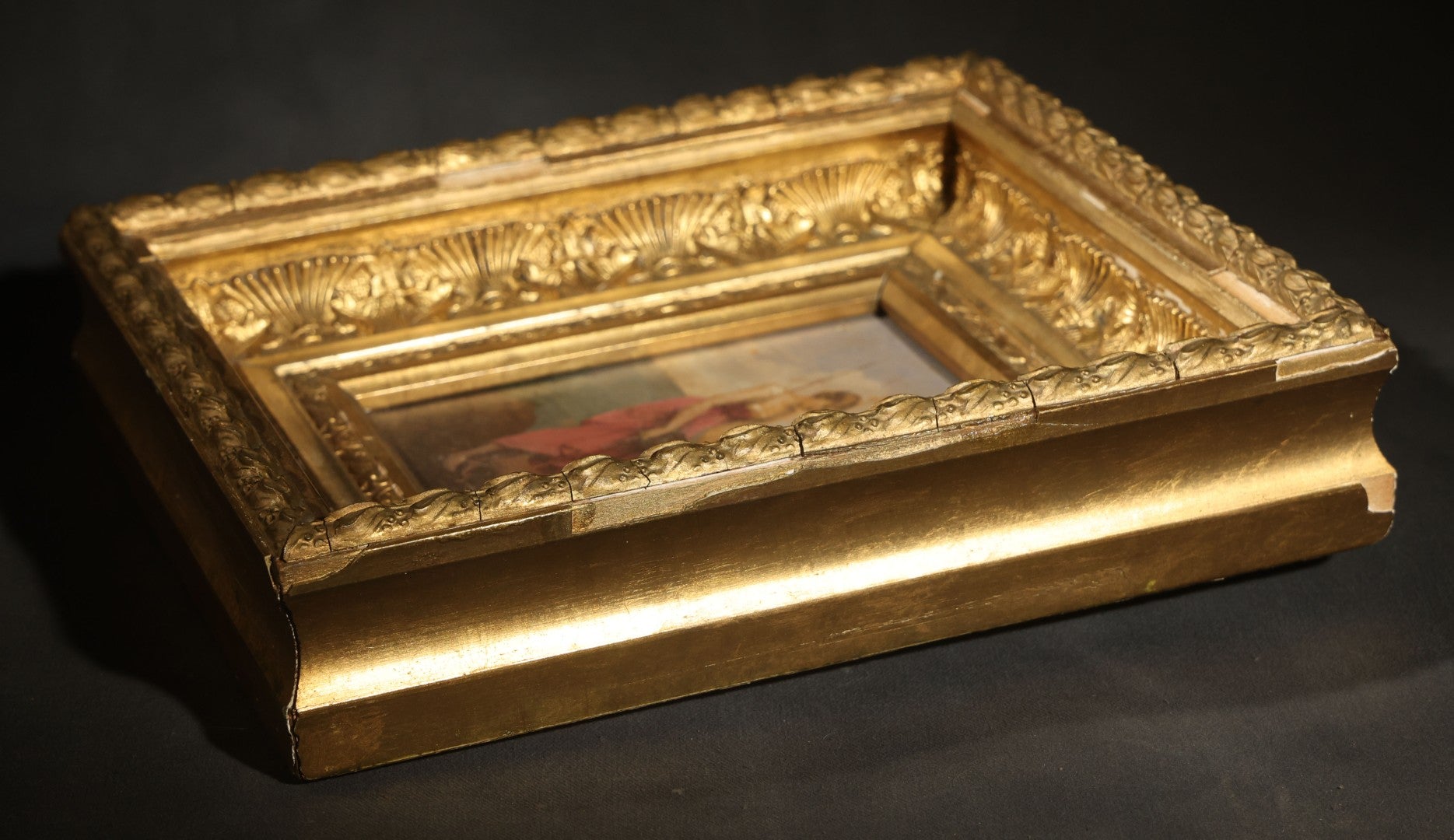 Antique Oil Painting on Wood Panel, "Cupid's Vacation" / "Amor Auf Reisen" ("Amor on His Travels"), Illegibly Signed, no. 106, in Gilt Gesso Frame