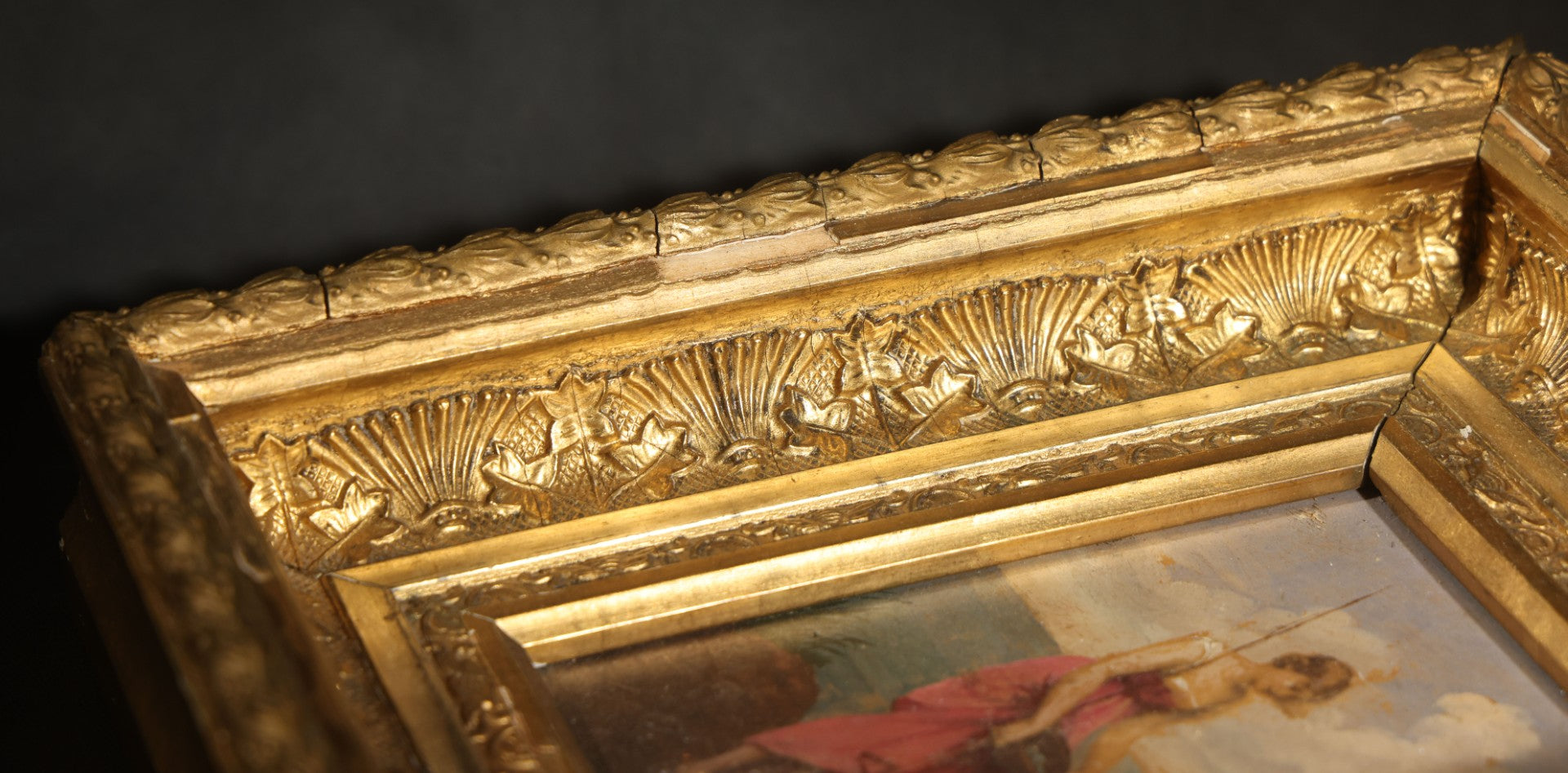 Antique Oil Painting on Wood Panel, "Cupid's Vacation" / "Amor Auf Reisen" ("Amor on His Travels"), Illegibly Signed, no. 106, in Gilt Gesso Frame