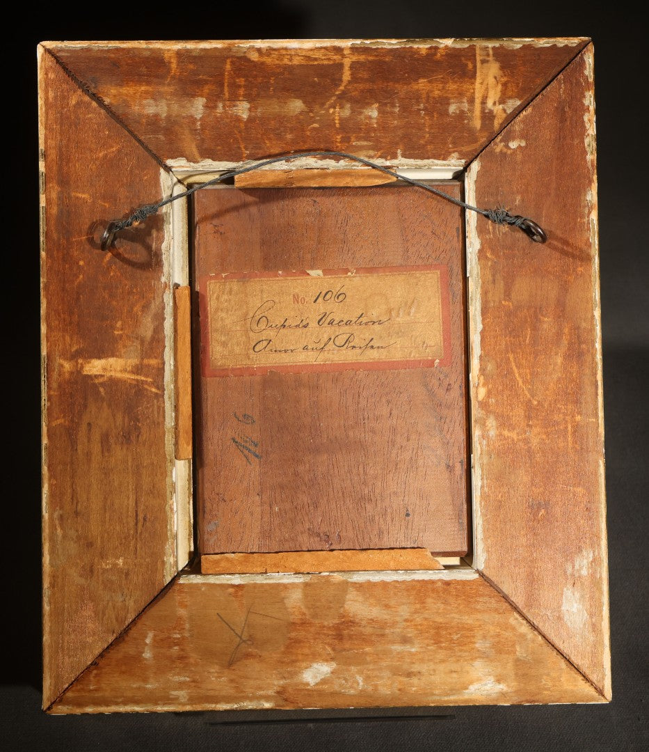 Antique Oil Painting on Wood Panel, "Cupid's Vacation" / "Amor Auf Reisen" ("Amor on His Travels"), Illegibly Signed, no. 106, in Gilt Gesso Frame