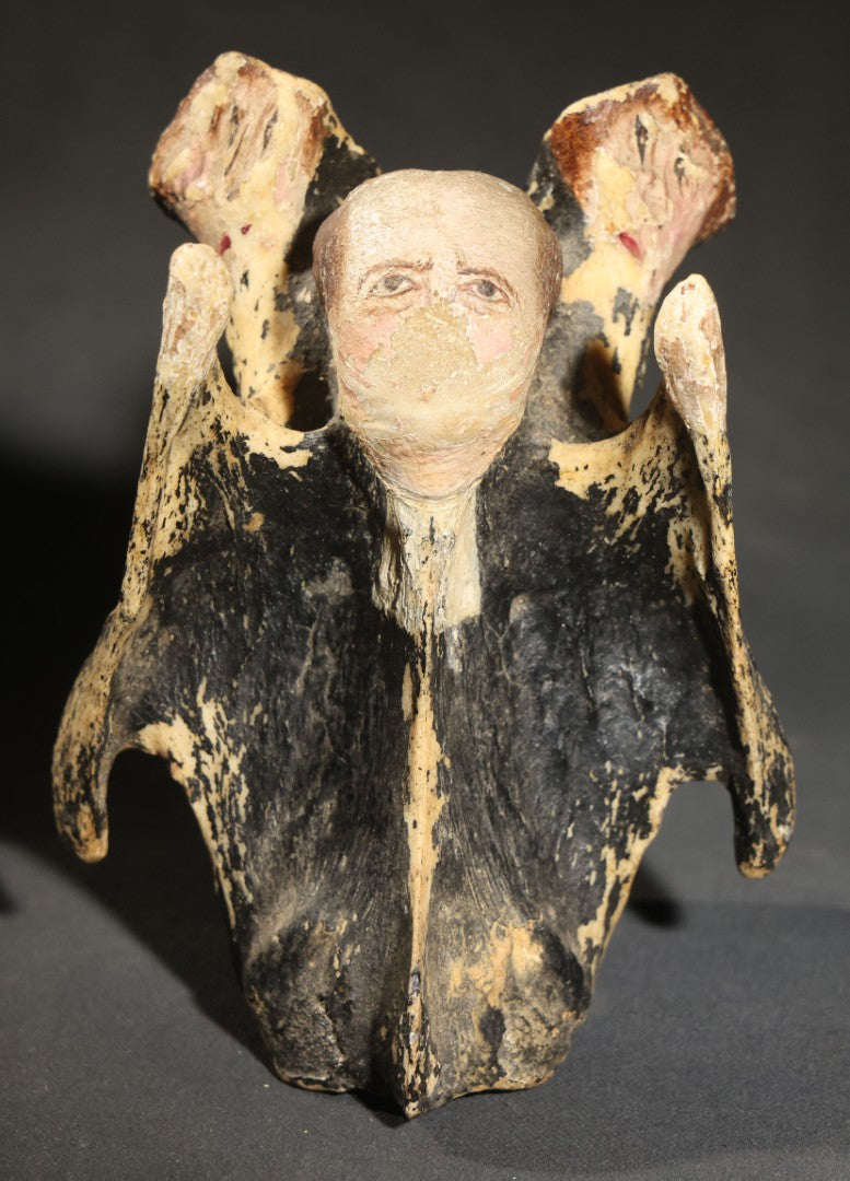 Vintage Folk Art Painted Animal Vertebra Figure, Priest Flanked by Two Figures, Heavy Paint Loss Throughout