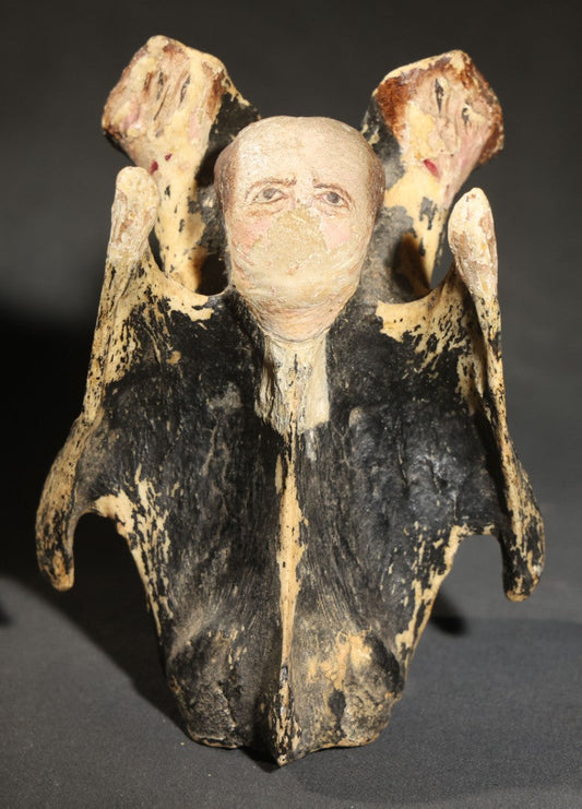 Vintage Folk Art Painted Animal Vertebra Figure, Priest Flanked by Two Figures, Heavy Paint Loss Throughout