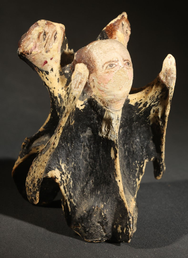 Vintage Folk Art Painted Animal Vertebra Figure, Priest Flanked by Two Figures, Heavy Paint Loss Throughout