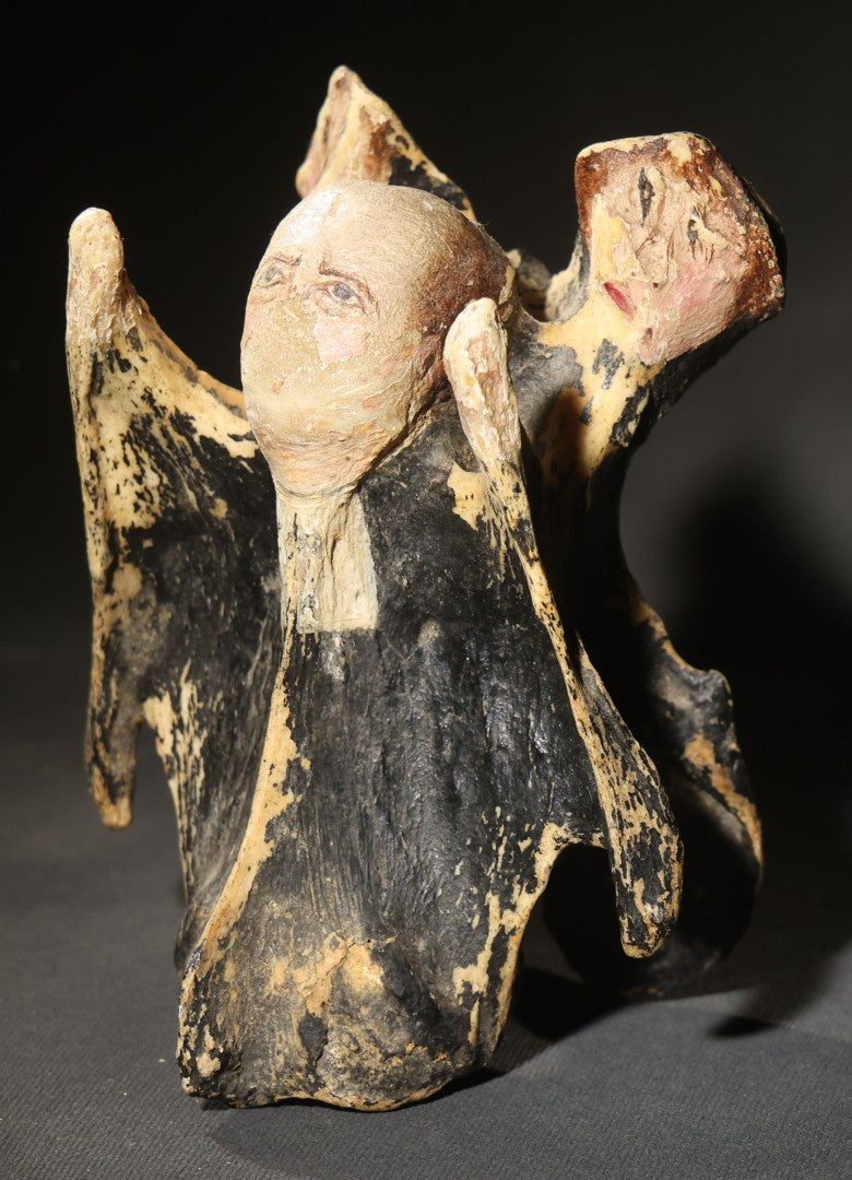 Vintage Folk Art Painted Animal Vertebra Figure, Priest Flanked by Two Figures, Heavy Paint Loss Throughout